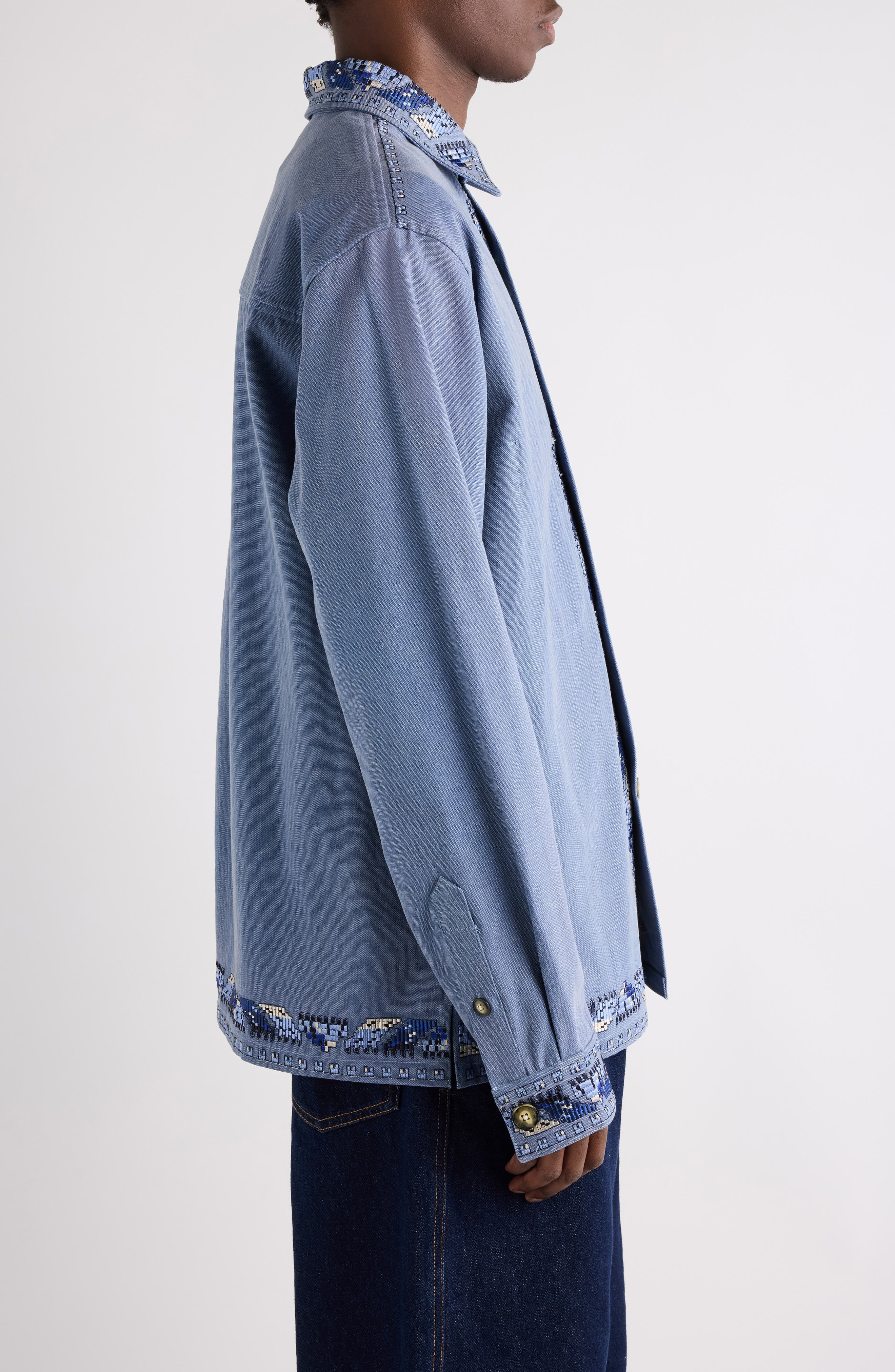 Isabel Marant Rudy Embroidered Cotton Shirt Jacket in Faded Blue at Nordstrom - 4