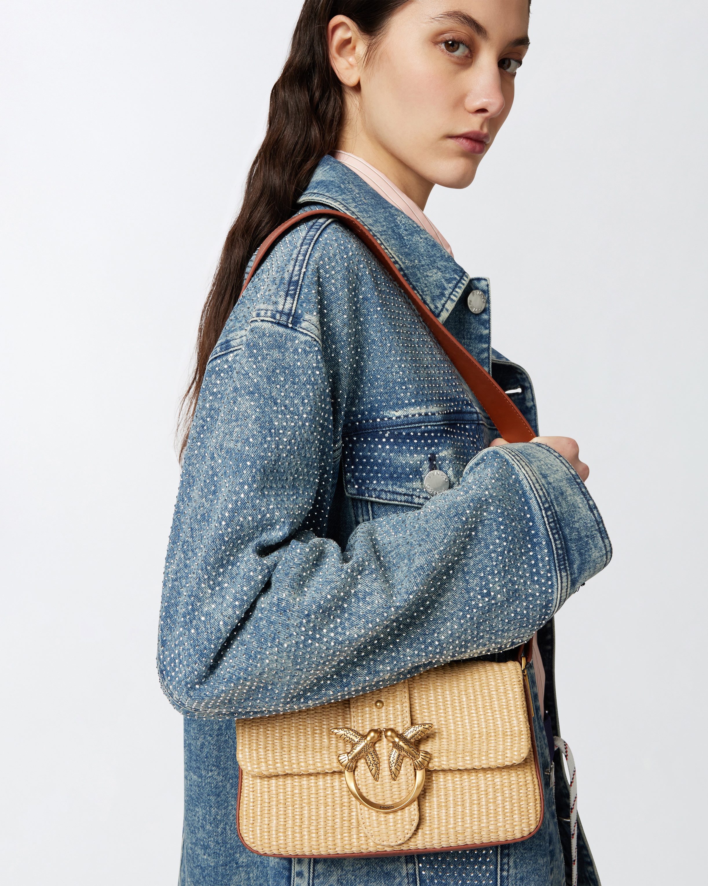 MINI LOVE BAG SLOUCHY SMALL SHOULDER BAG IN RAFFIA WITH DOUBLE SHOULDER STRAP - 5