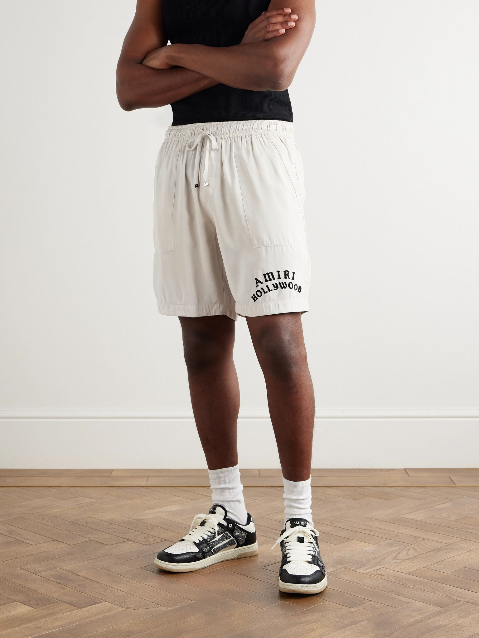 Hollywood Straight-Leg Logo-Flocked Modal-Blend Drawstring Shorts Off-white - 3