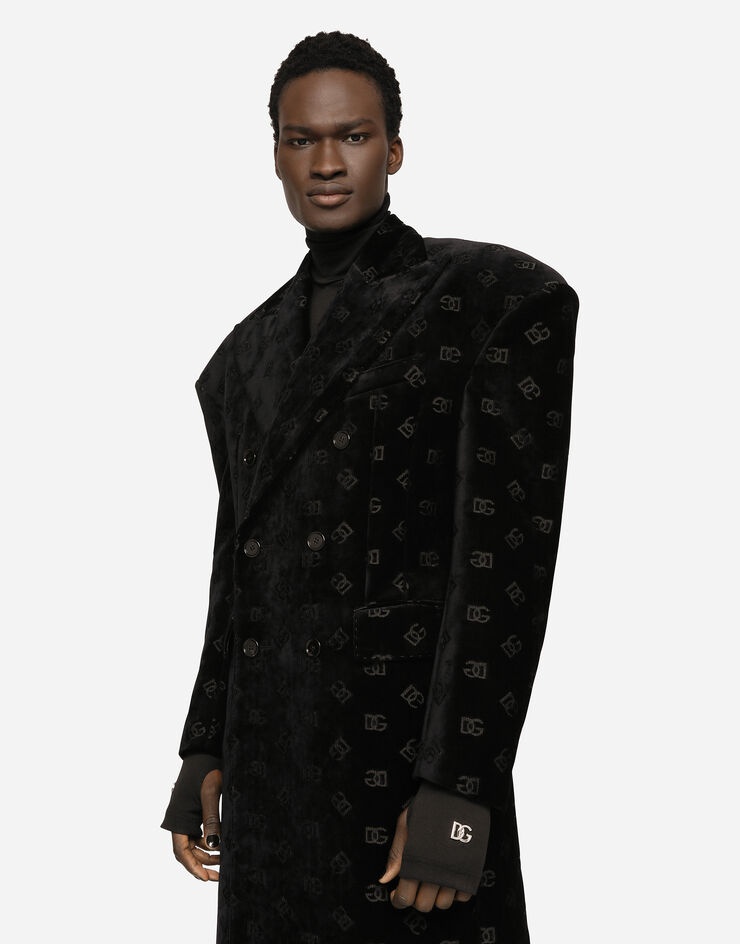 Double-breasted velvet coat with all-over DG print - 2