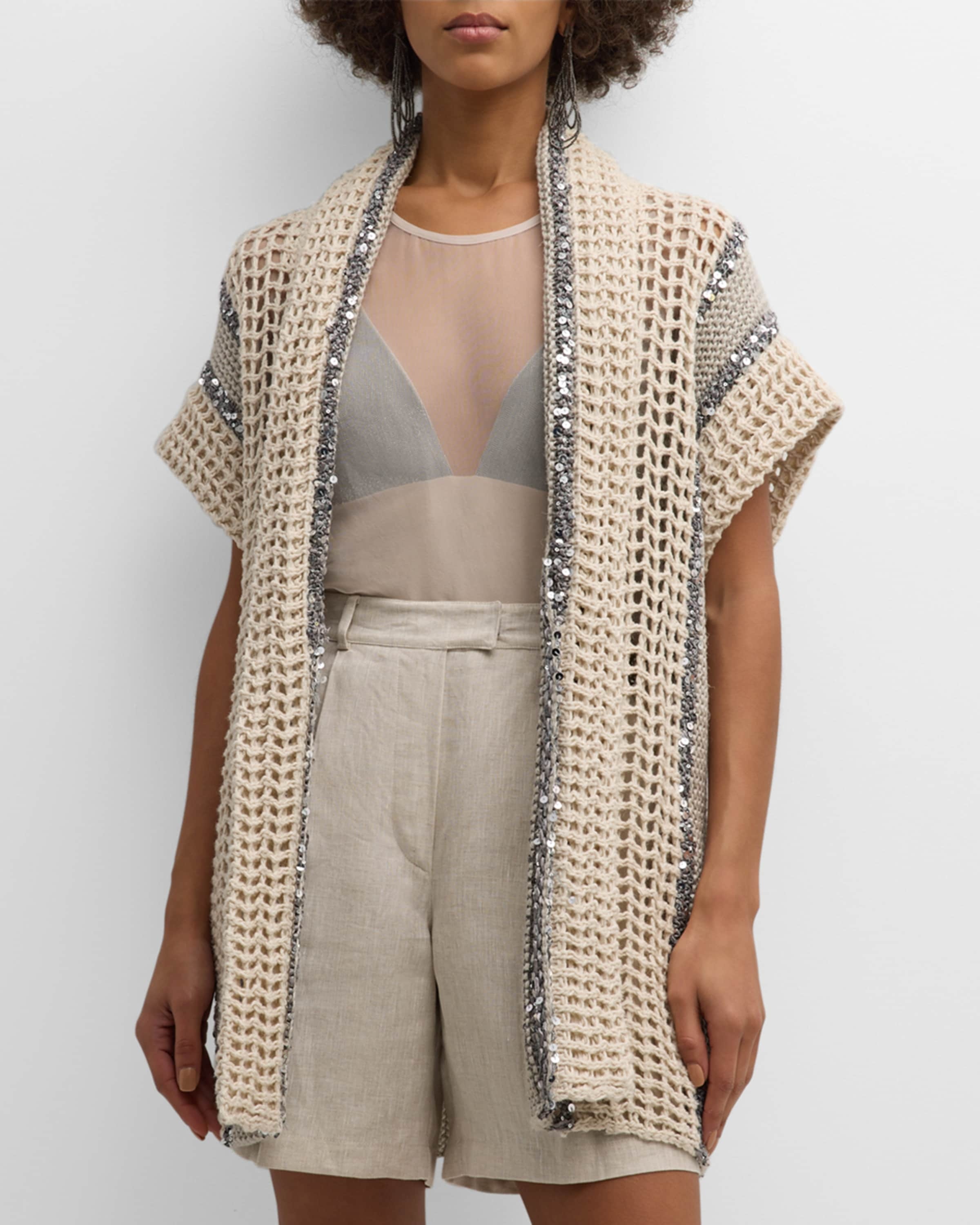 Open-Knit Long Net Cardigan with Paillette Detail - 2