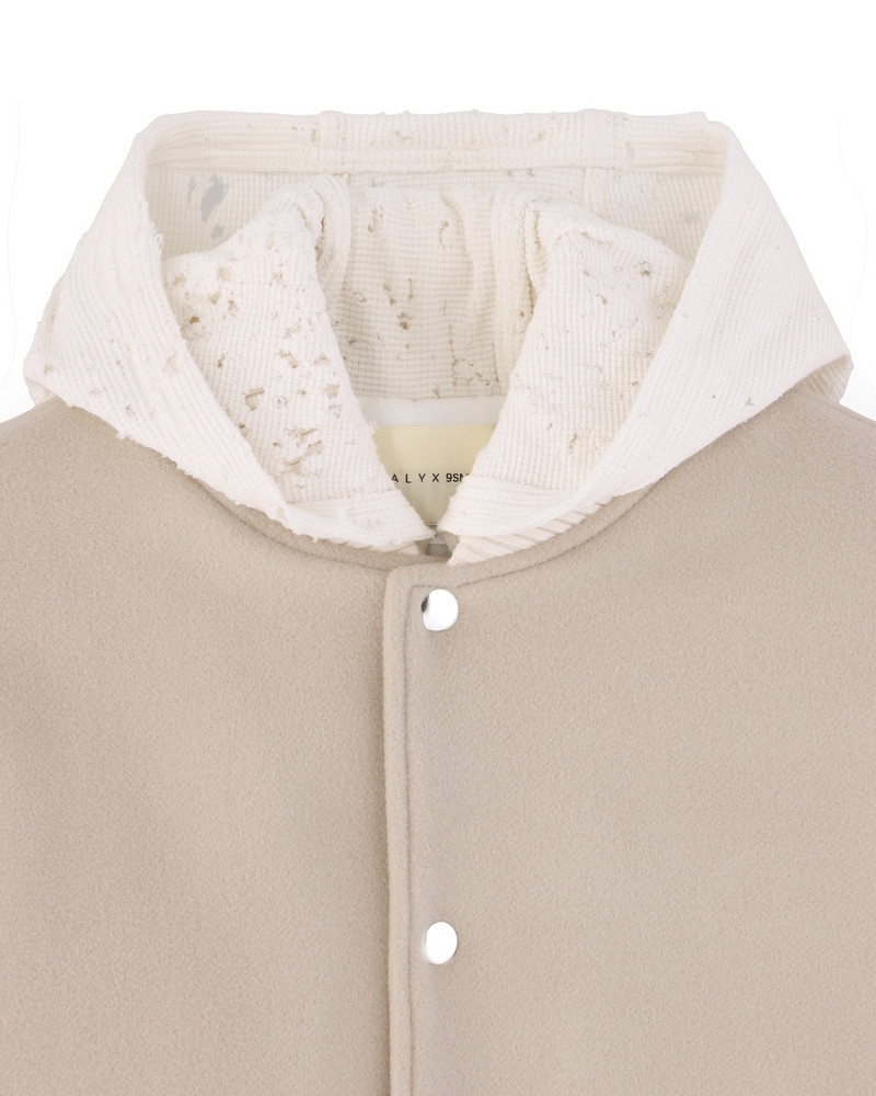 HOODED LEATHER AND WOOL VARSITY JACKET 16