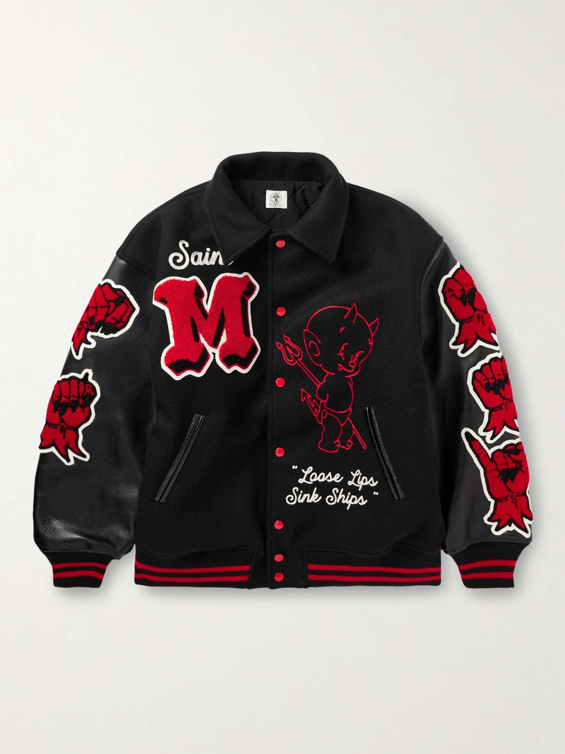 Appliquéd Embroidered Wool-Blend and Leather Bomber Jacket - 1