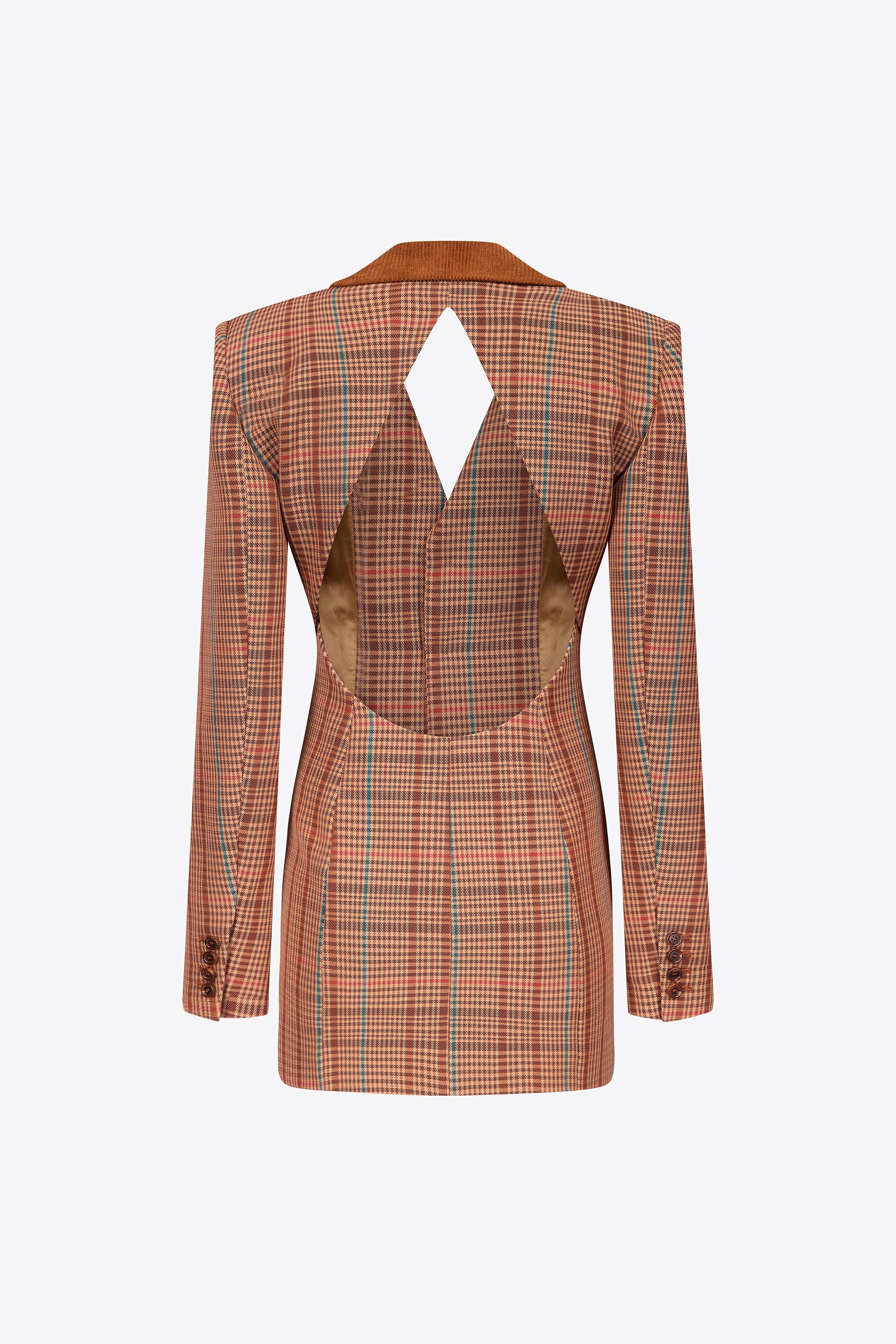 CRYSTAL BUTTON CHECKED OPEN BACK BLAZER DRESS - 2