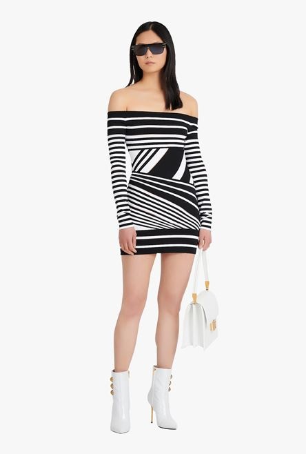 Short black and white striped eco-designed jacquard dress - 2