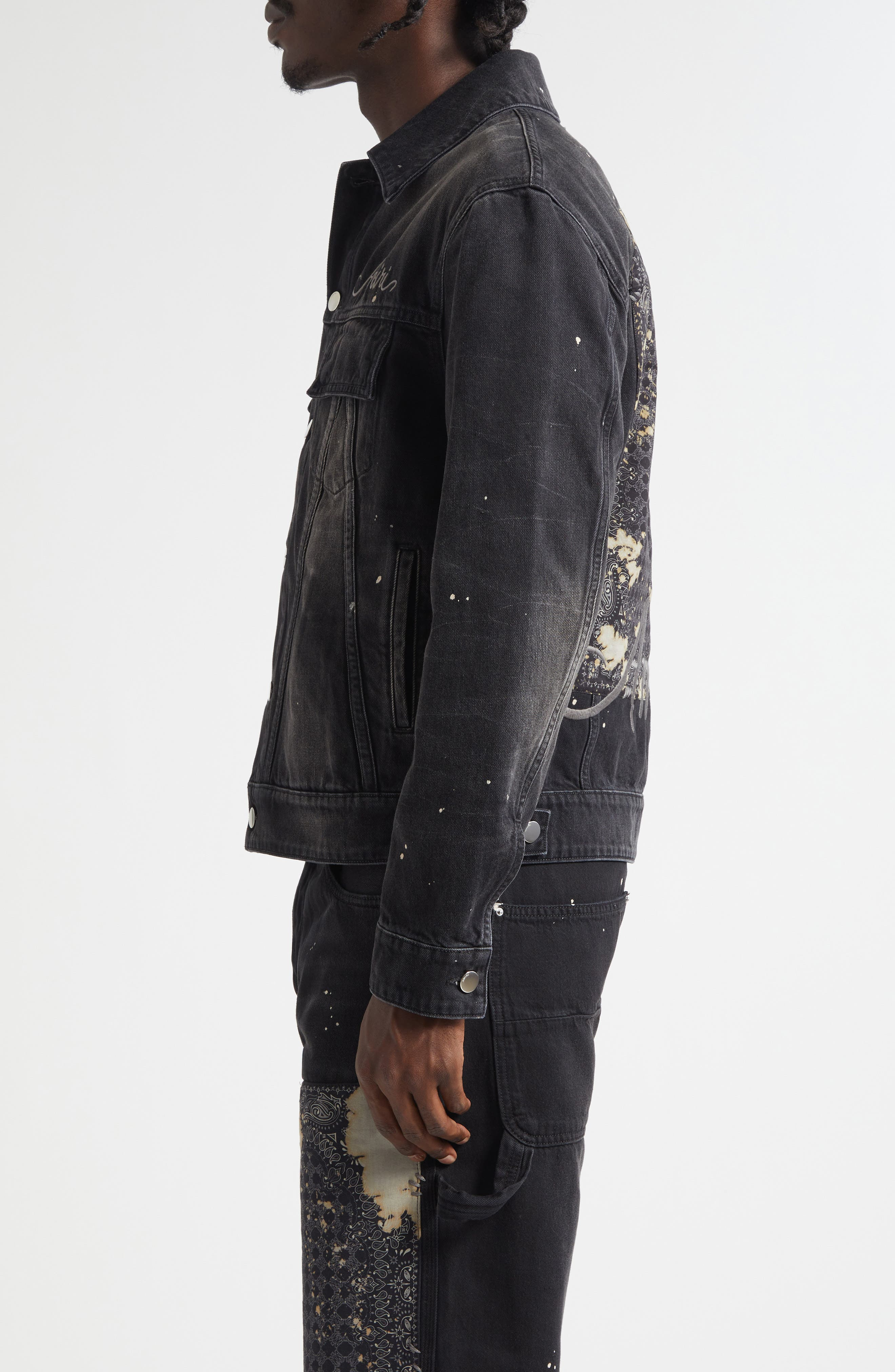 AMIRI Bleach Bandana Denim Trucker Jacket in Faded Black at Nordstrom - 4