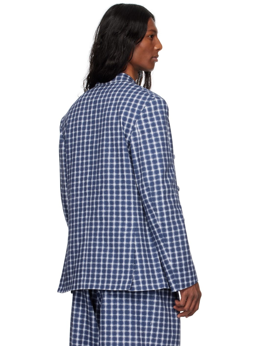 Navy & White Check Double-Breasted Blazer - 3