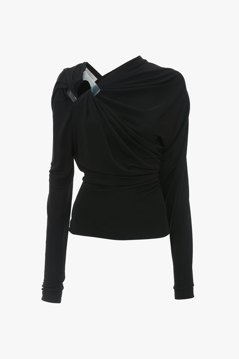 Long Sleeve Draped Jersey Top In Black - 1