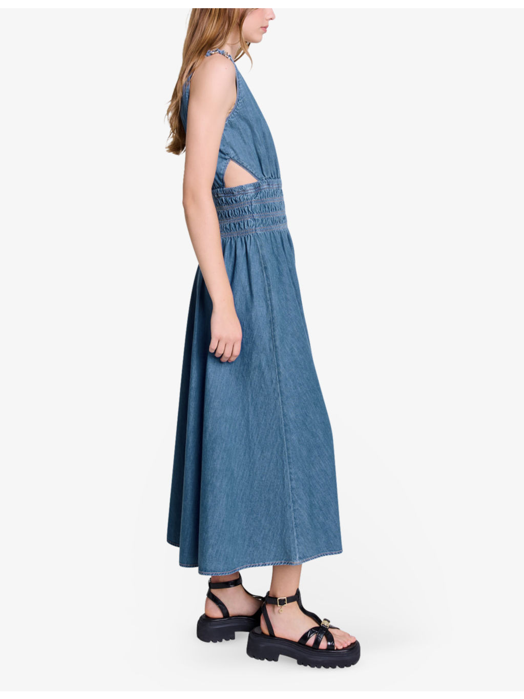 Cut-out smocked-waist denim maxi dress - 3