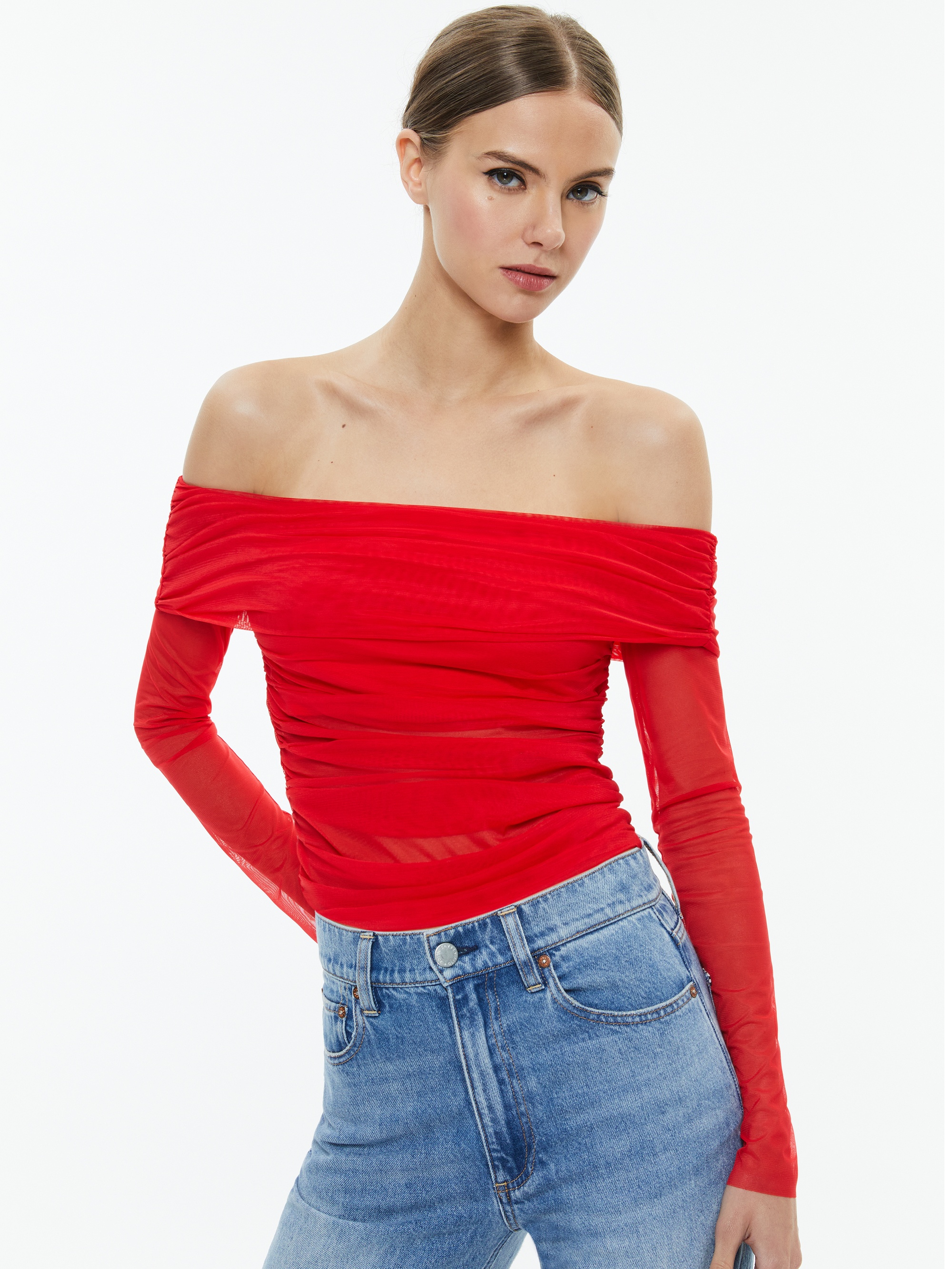 ISADOLA OVER THE SHOULDER RUCHED LONG SLEEVE TOP - 1