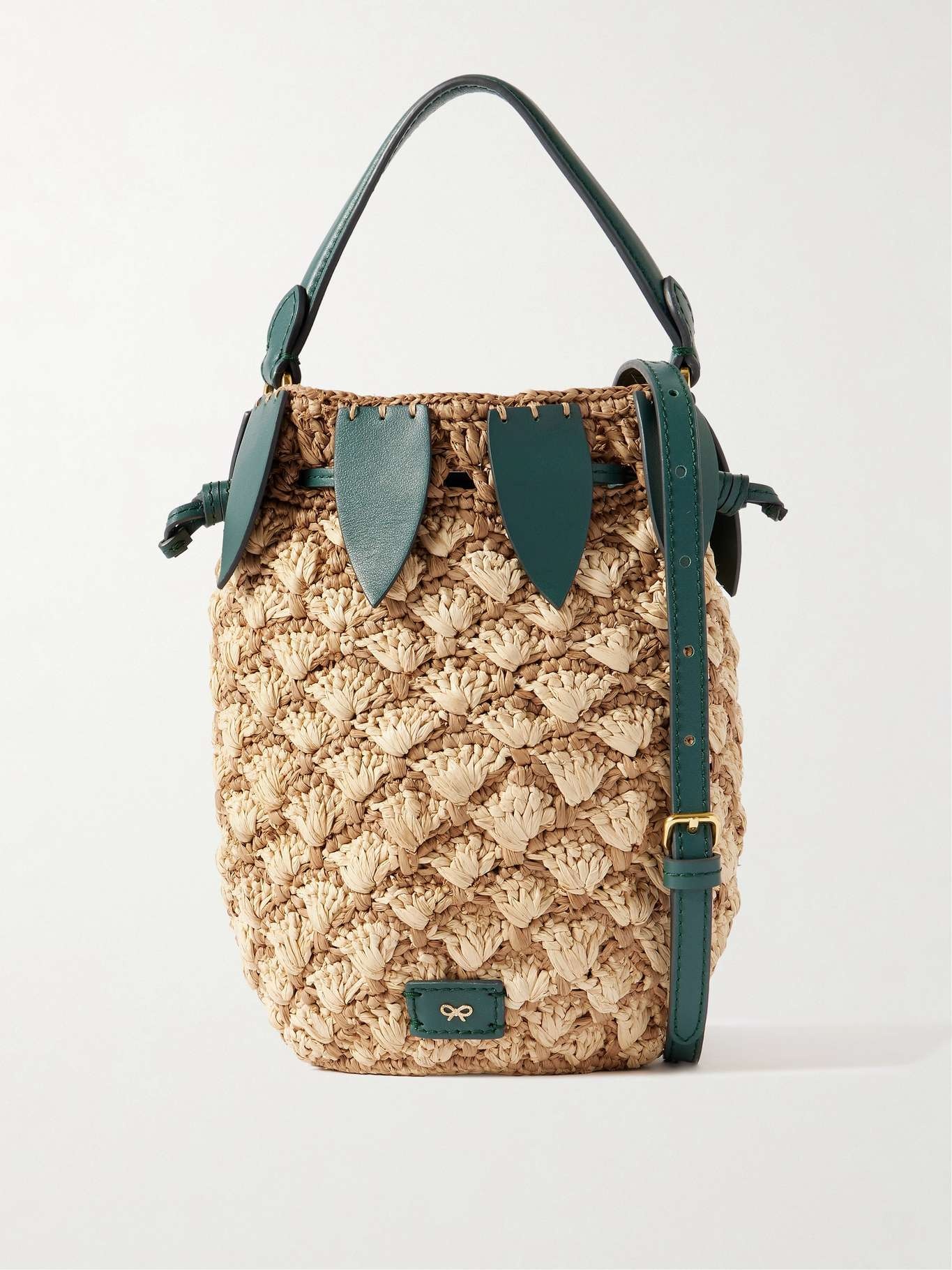 Pineapple leather-trimmed raffia bucket bag Neutral - 1