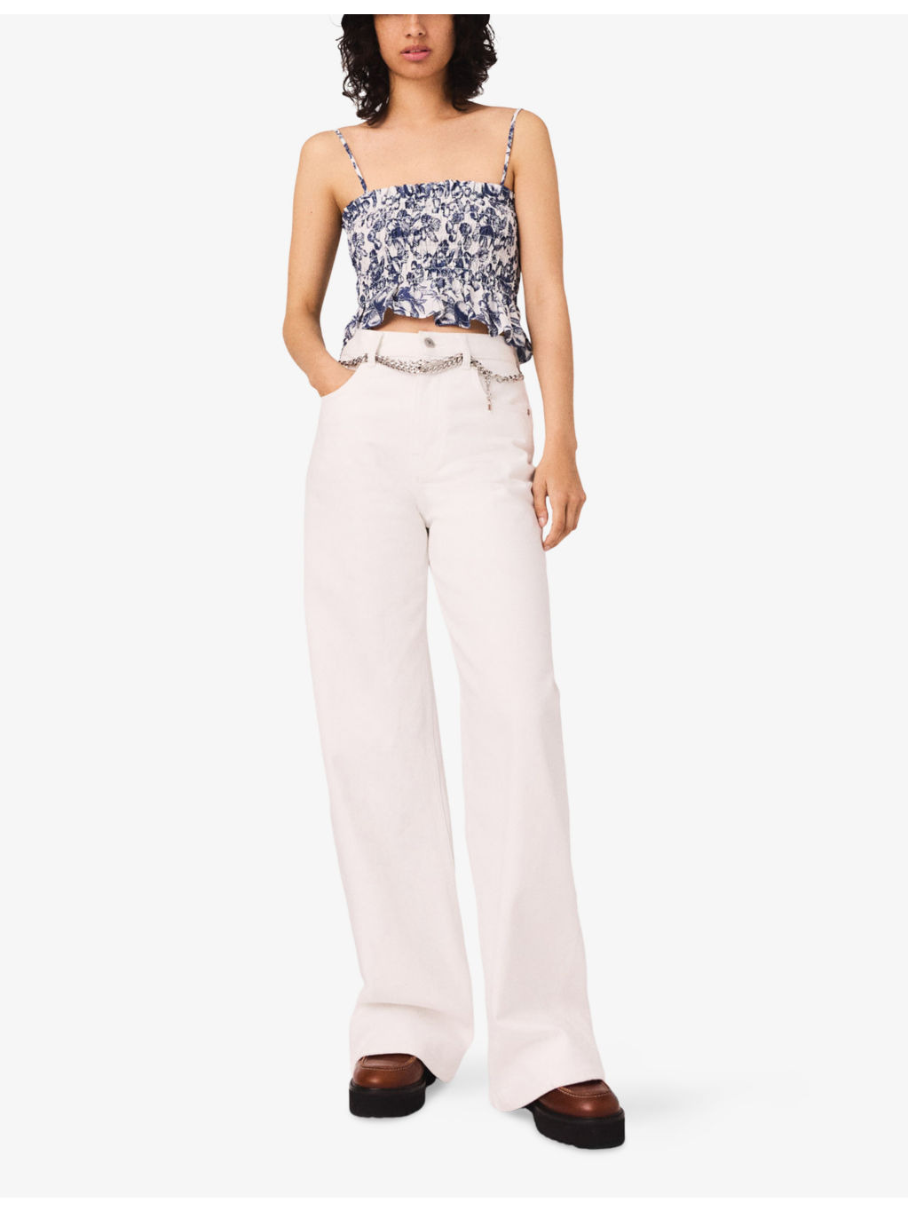 Chain-Belt Wide-Leg High-Rise Stretch-Denim Jeans - 2