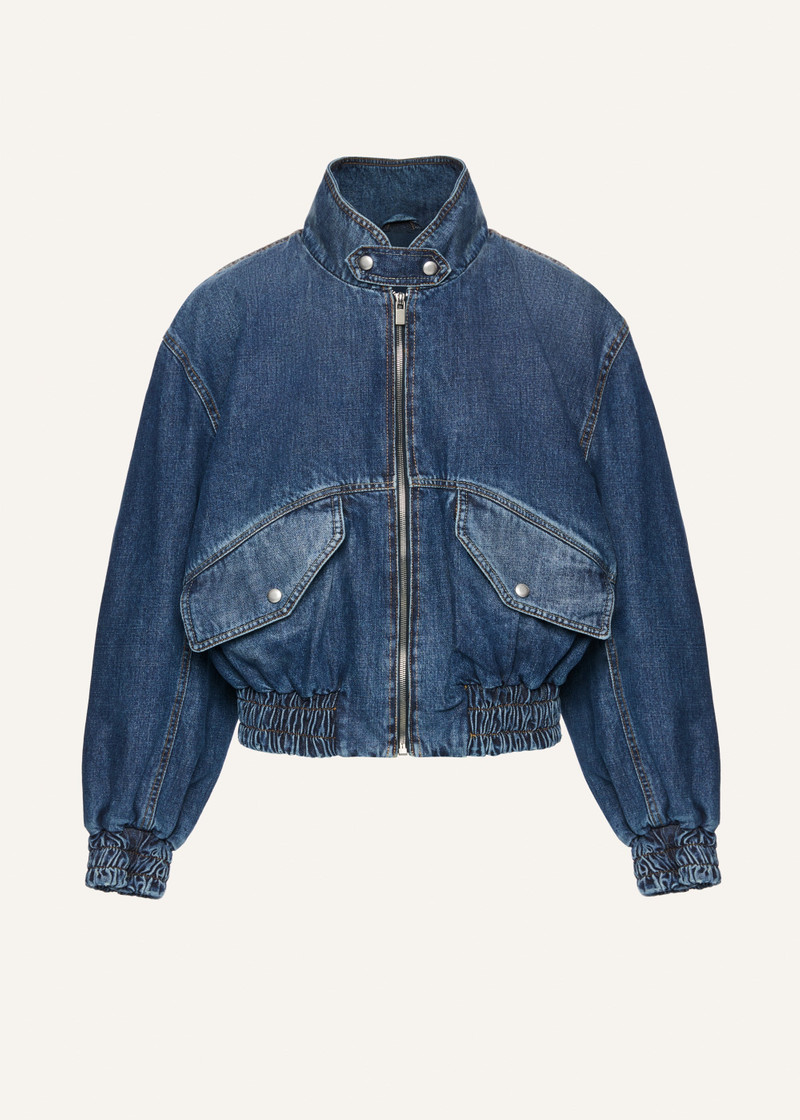 Cropped denim bomber jacket in dark blue 1