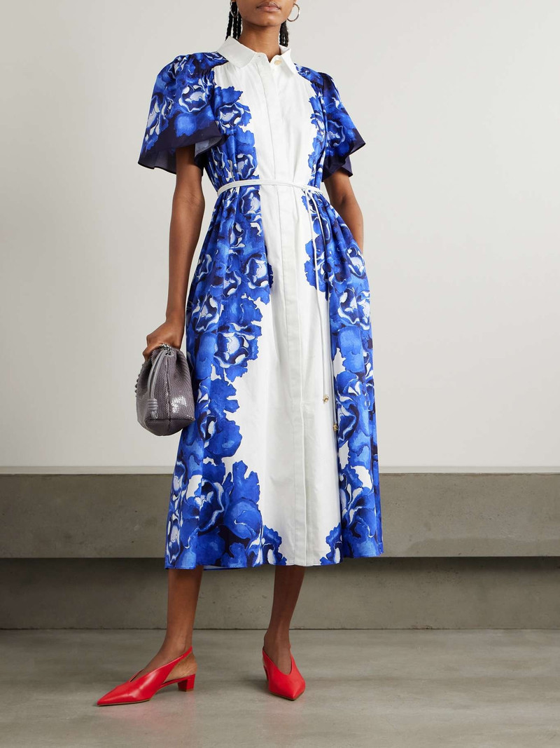 Aje. Fernanda belted embellished floral-print cotton midi shirt dress Blue outlook