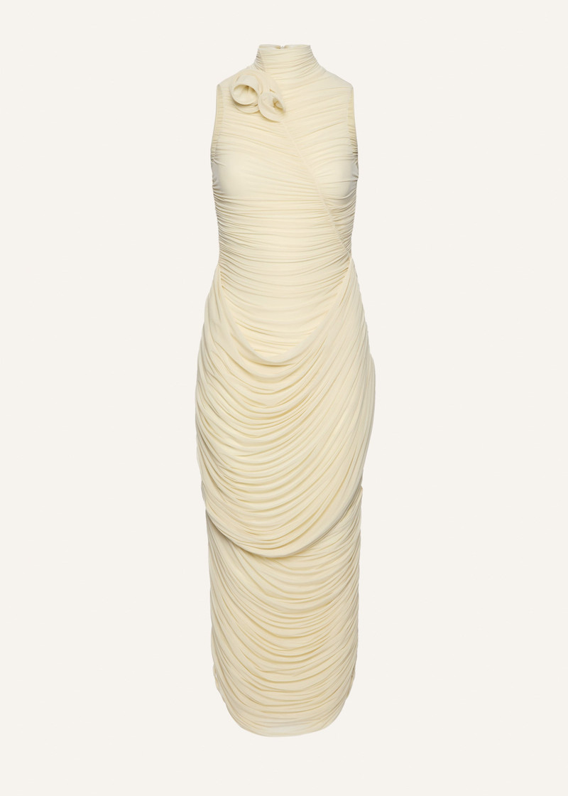 High-neck draped midi dress in vanilla 1