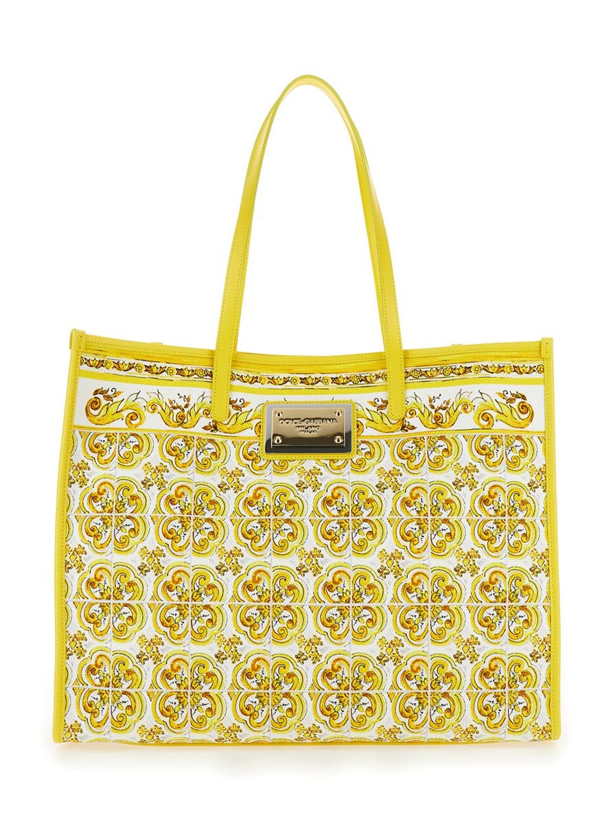 Dolce & Gabbana YELLOW AND WHITE TOTE BAG WITH MAJOLICA PRINT AND LOGO PLAQUE IN COTTON WOMAN - 1