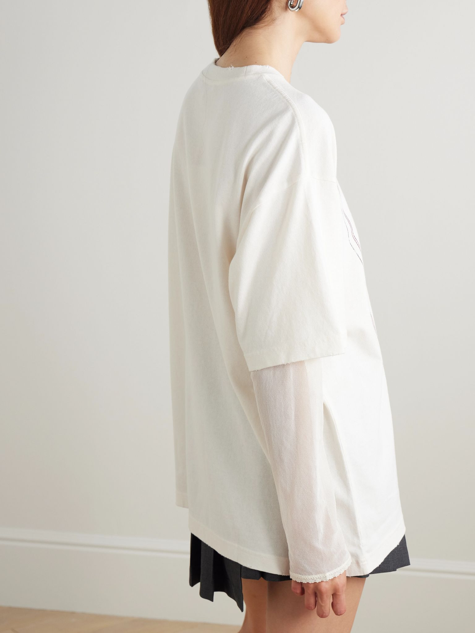 Layered mesh-trimmed cotton-jersey T-shirt Off-white - 4