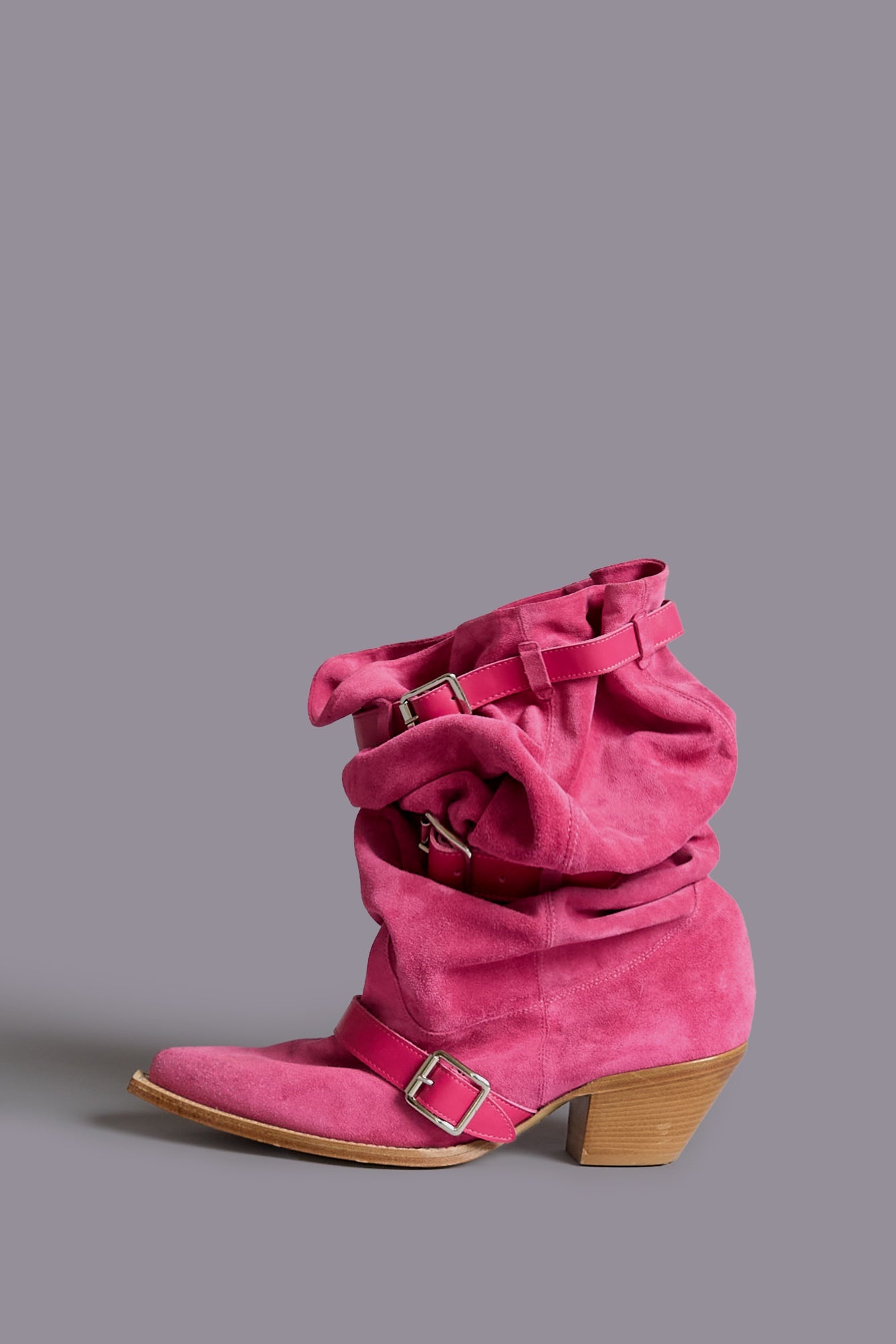 BUCKLED-UP SLOUCH COWBOY BOOT - BRIGHT PINK SUEDE - R13 - 6