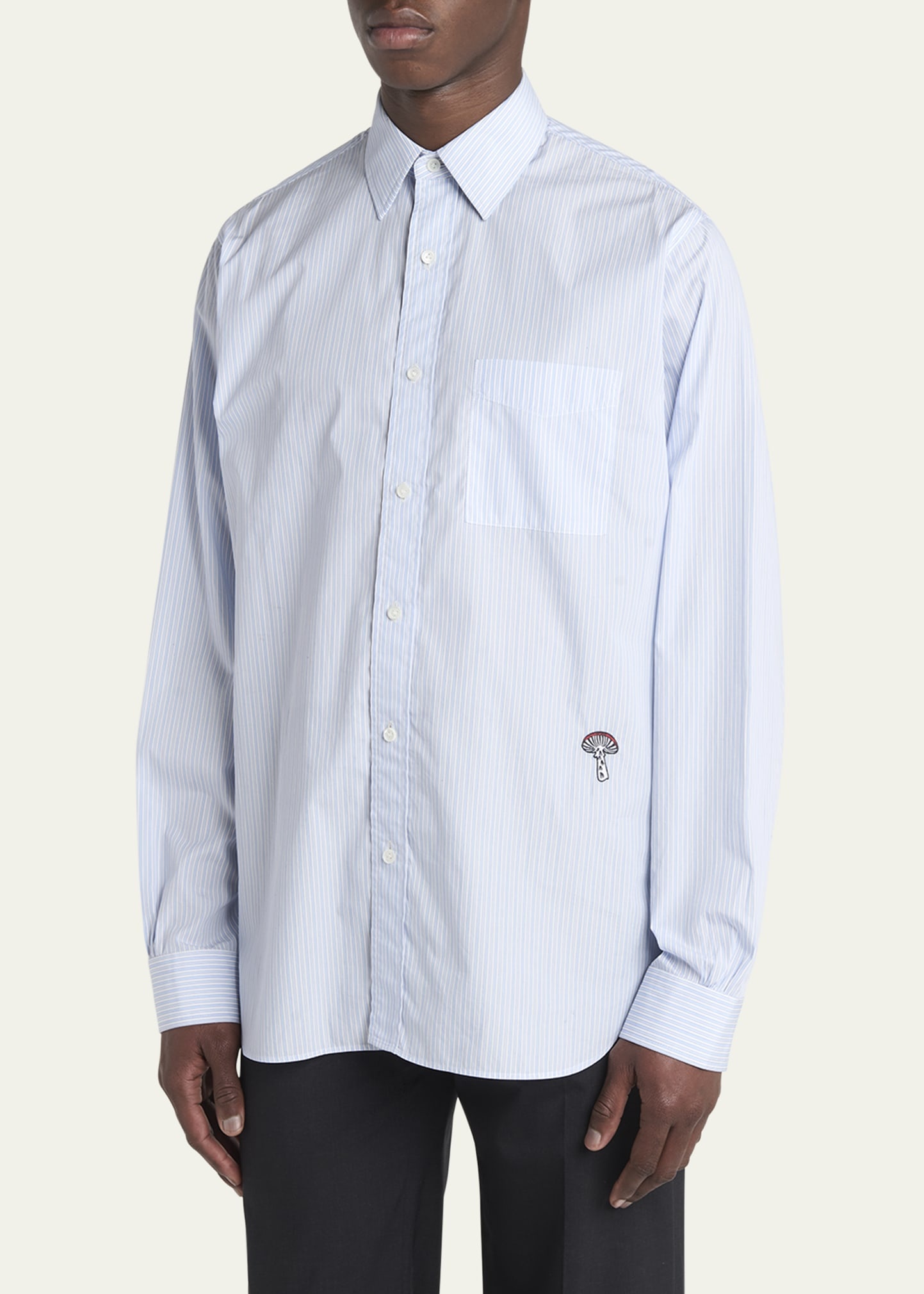 Men's Fine Stripe Poplin Shirt with Embroidered Mushroom Patch - 4