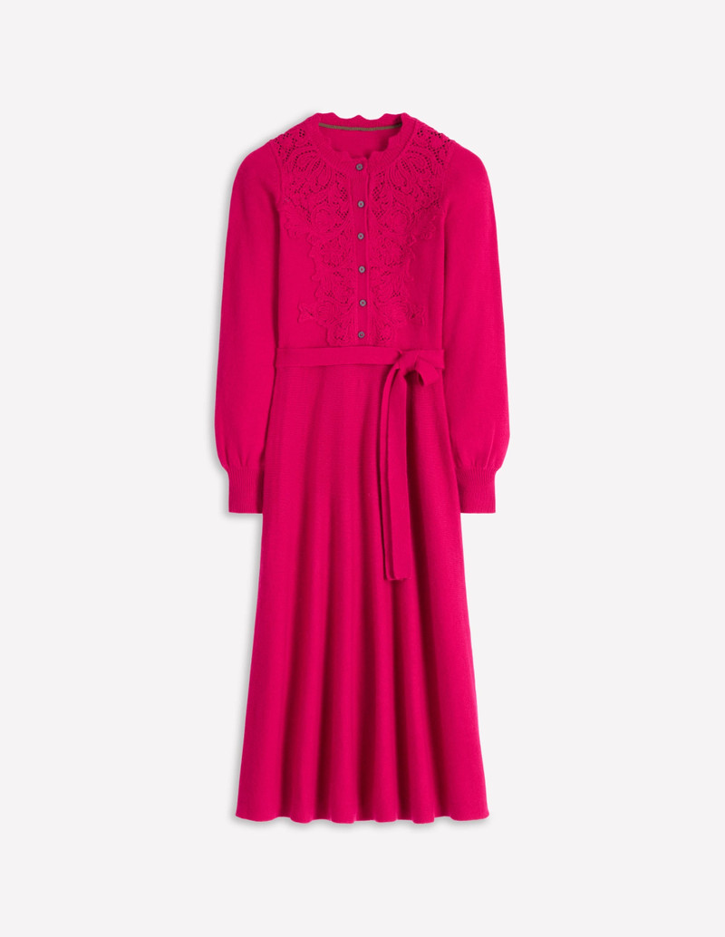 Lace Insert Knitted Midi Dress-Vibrant Pink 1