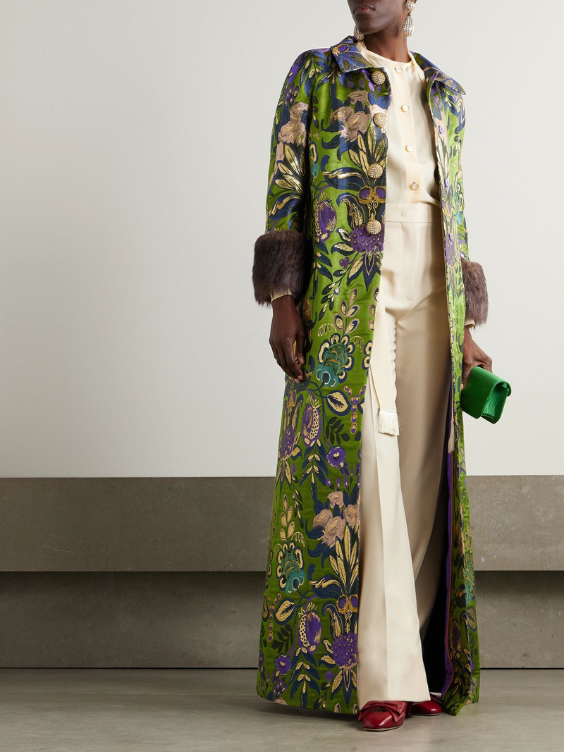 Valentino Après l'Hiver shearling-trimmed metallic brocade coat Green outlook