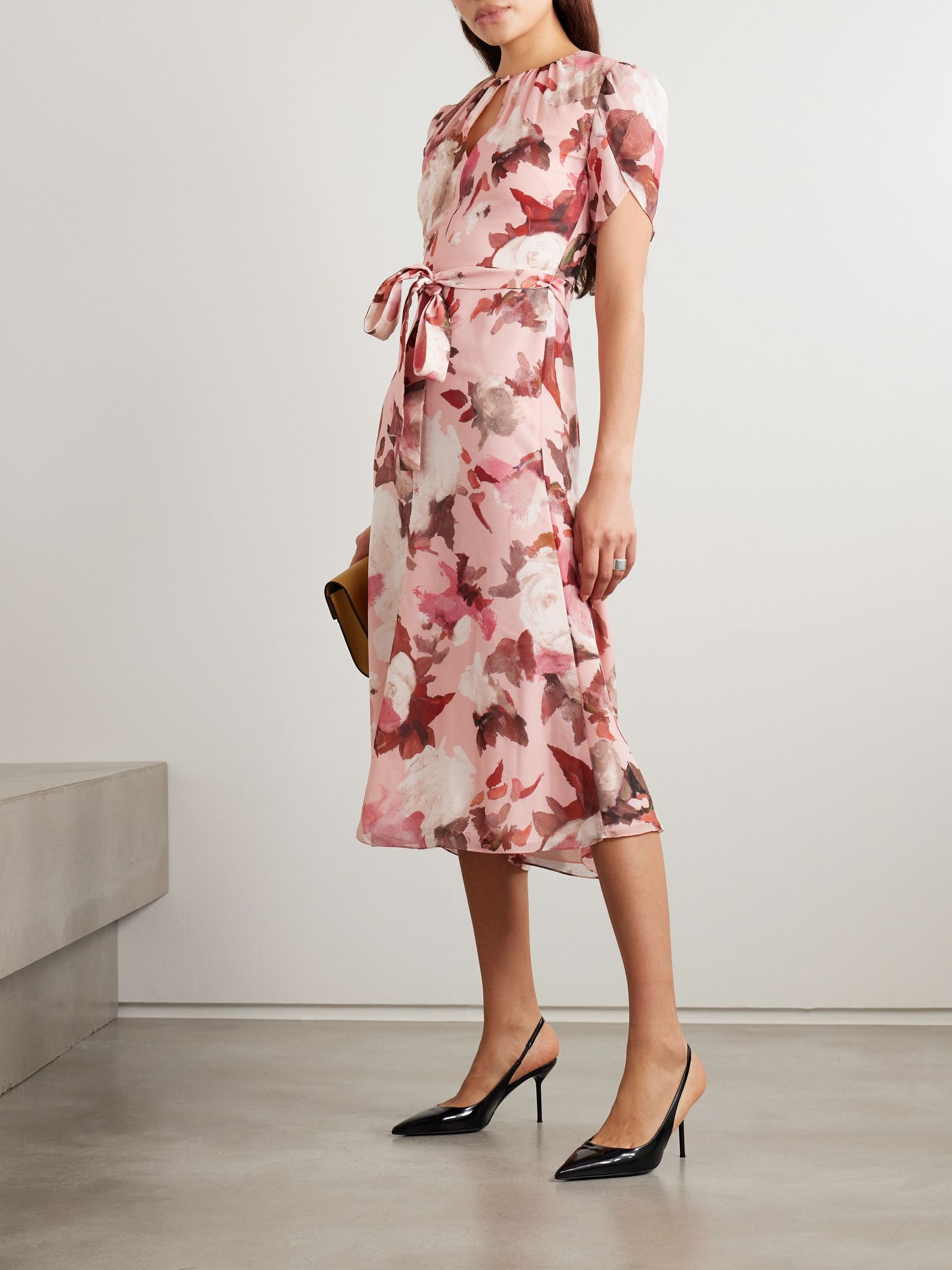 Belted gathered floral-print silk-voile midi dress Pink - 2
