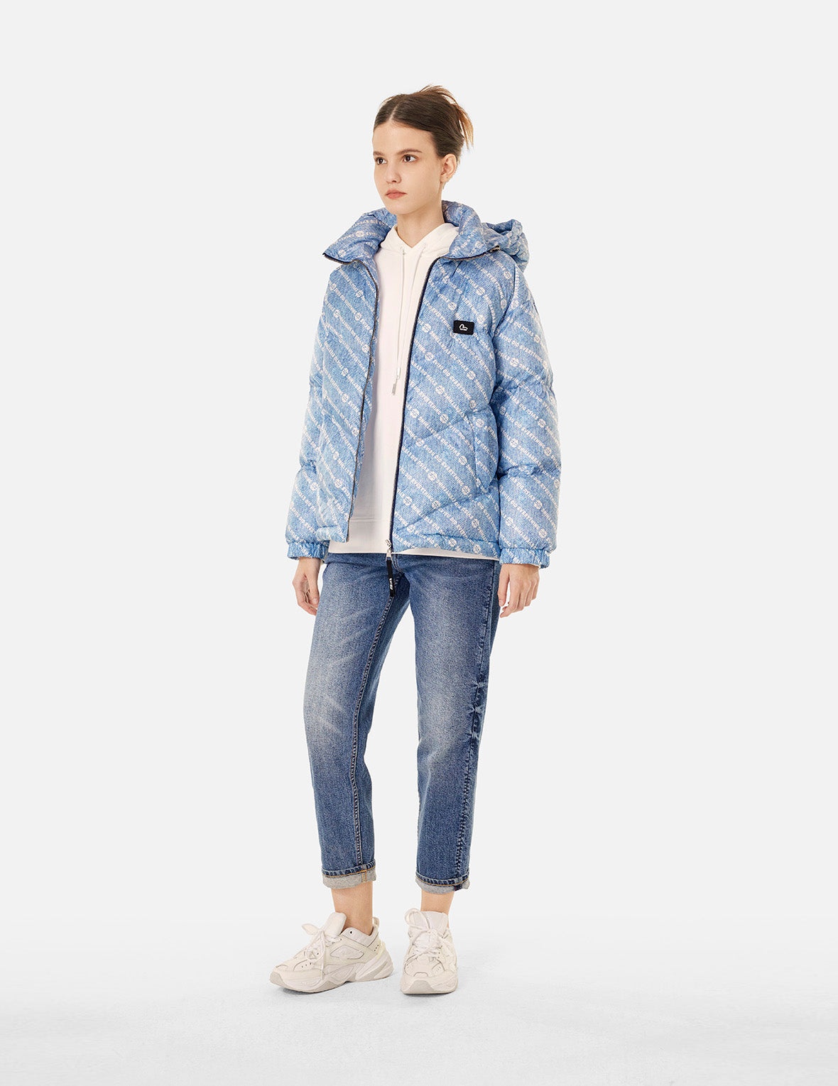 Allover Slogan and Kamon Print Fashion Fit Down Jacket with Detachable Hood - 3