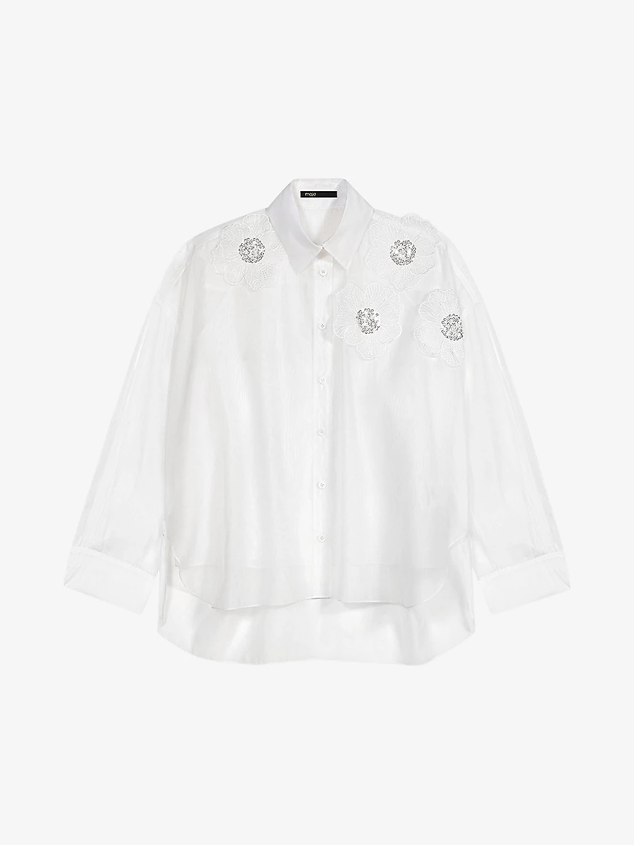 Flower-embroidered relaxed-fit organza woven shirt - 1