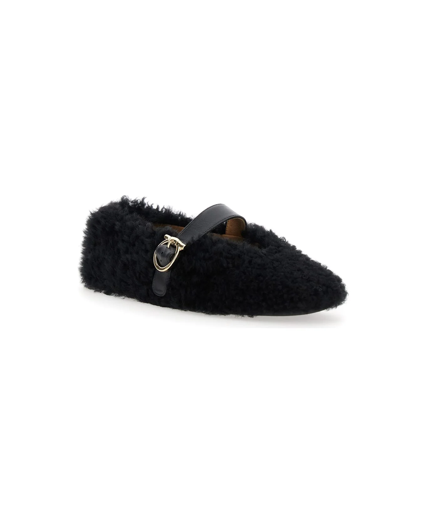 Black Ballerinas With Shearling Design And Buckle In Leather Woman - 1