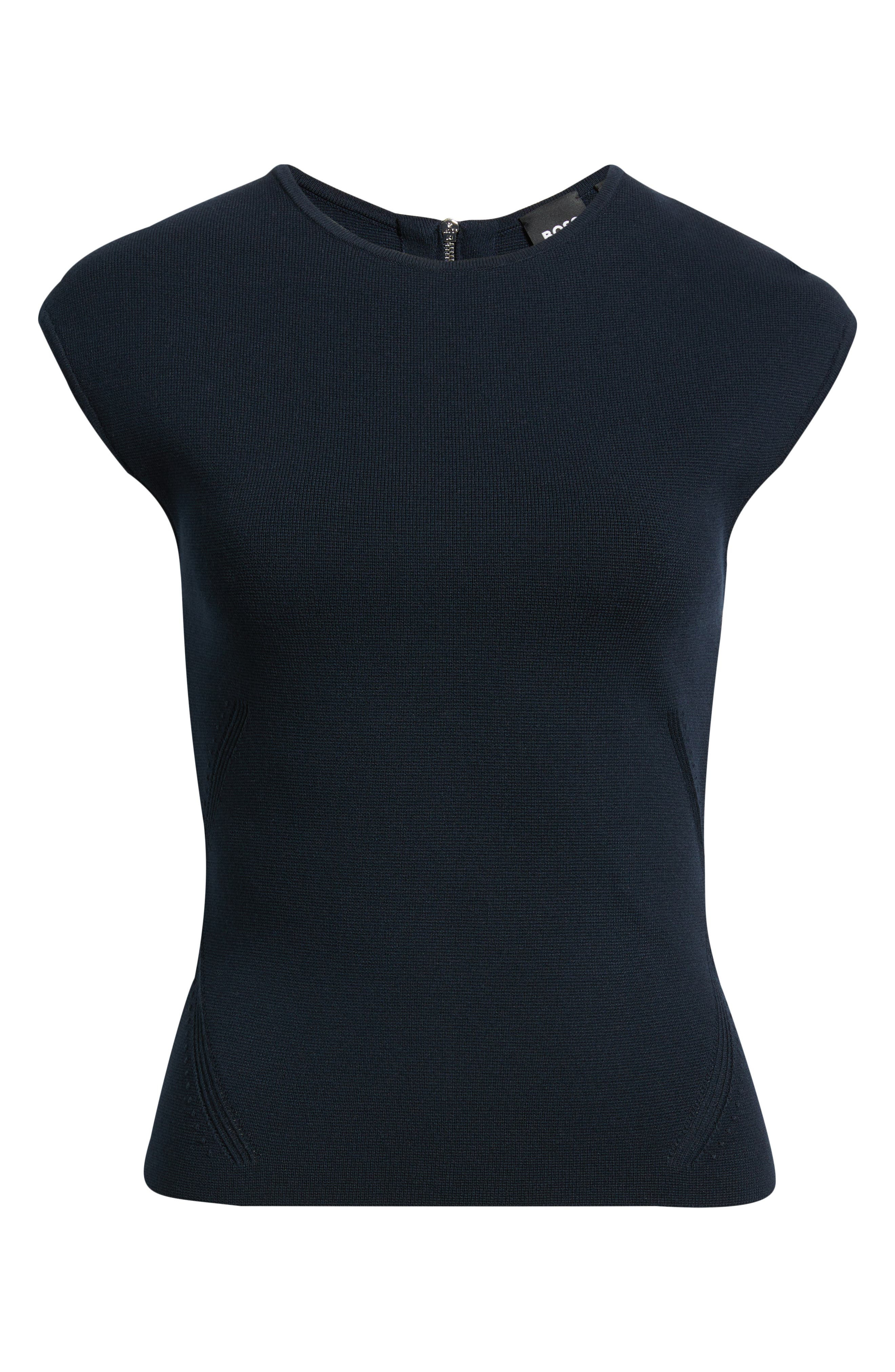 BOSS Farmera Zip Back Virgin Wool Top in Dark Blue at Nordstrom - 5