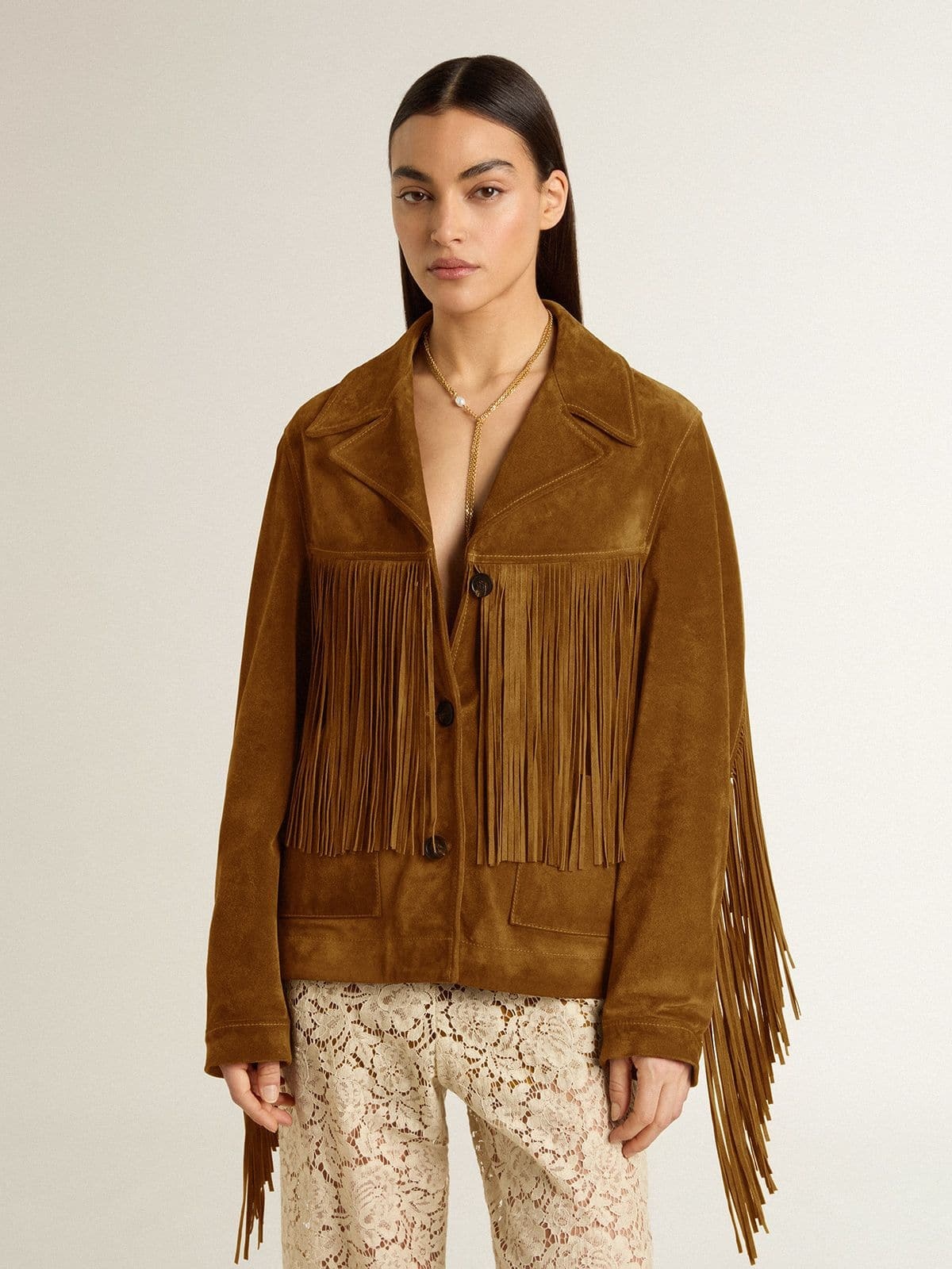 Women’s tobacco-colored suede jacket women with fringes - 2