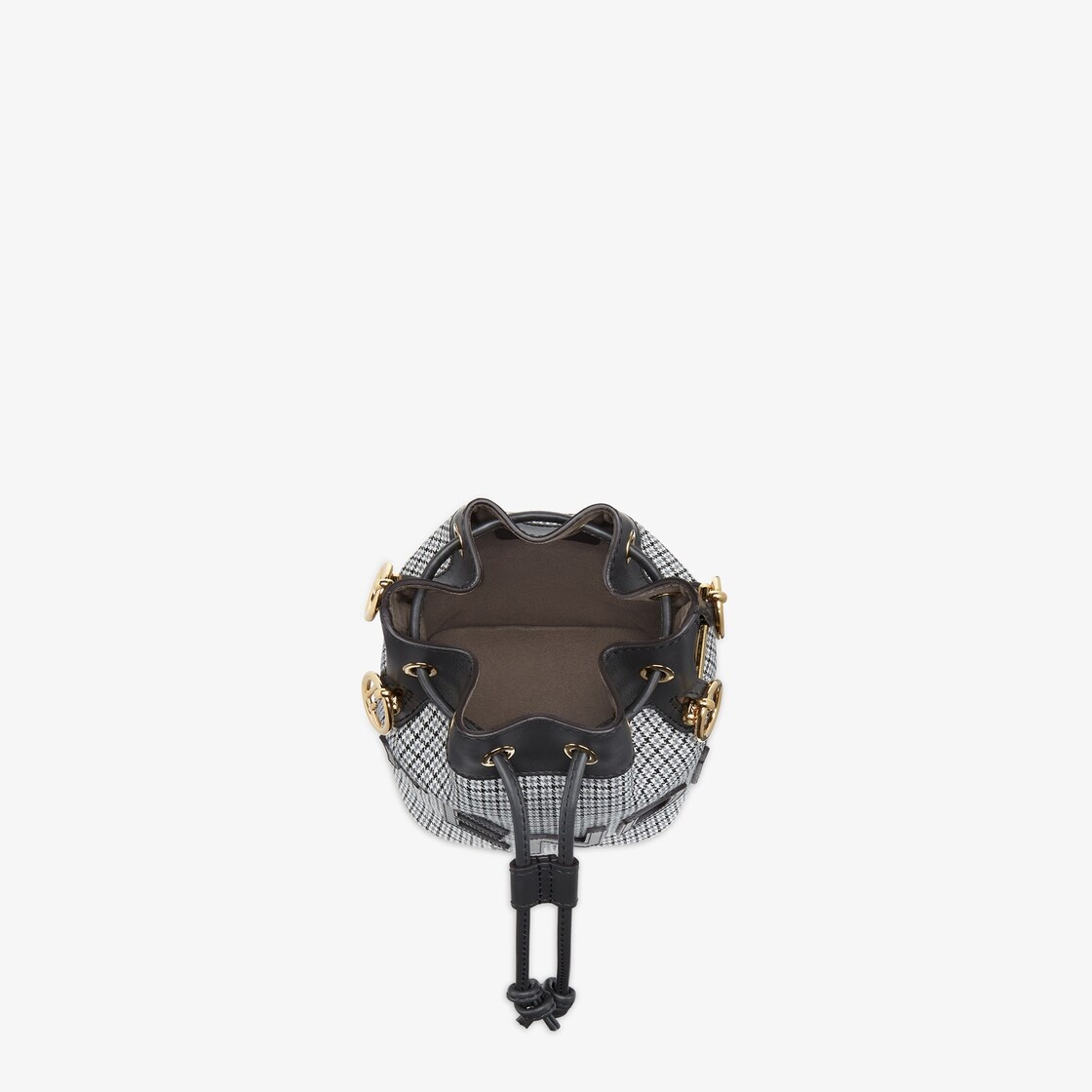 Small Mon Tresor bucket bag made of gray houndstooth wool with FENDI ROMA lettering and black leathe - 4