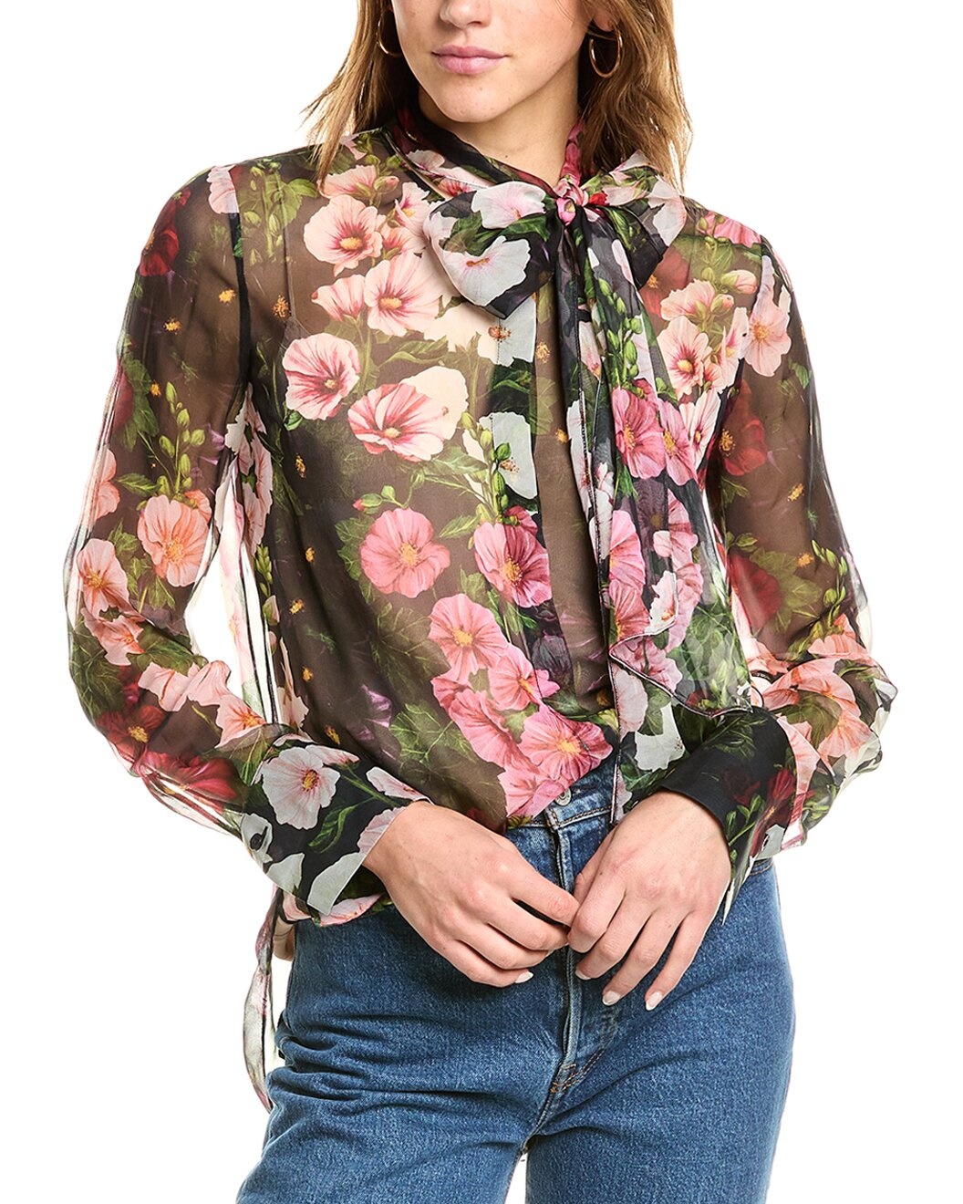 Oscar de la Renta Hollyhocks Silk Chiffon Blouse - 1