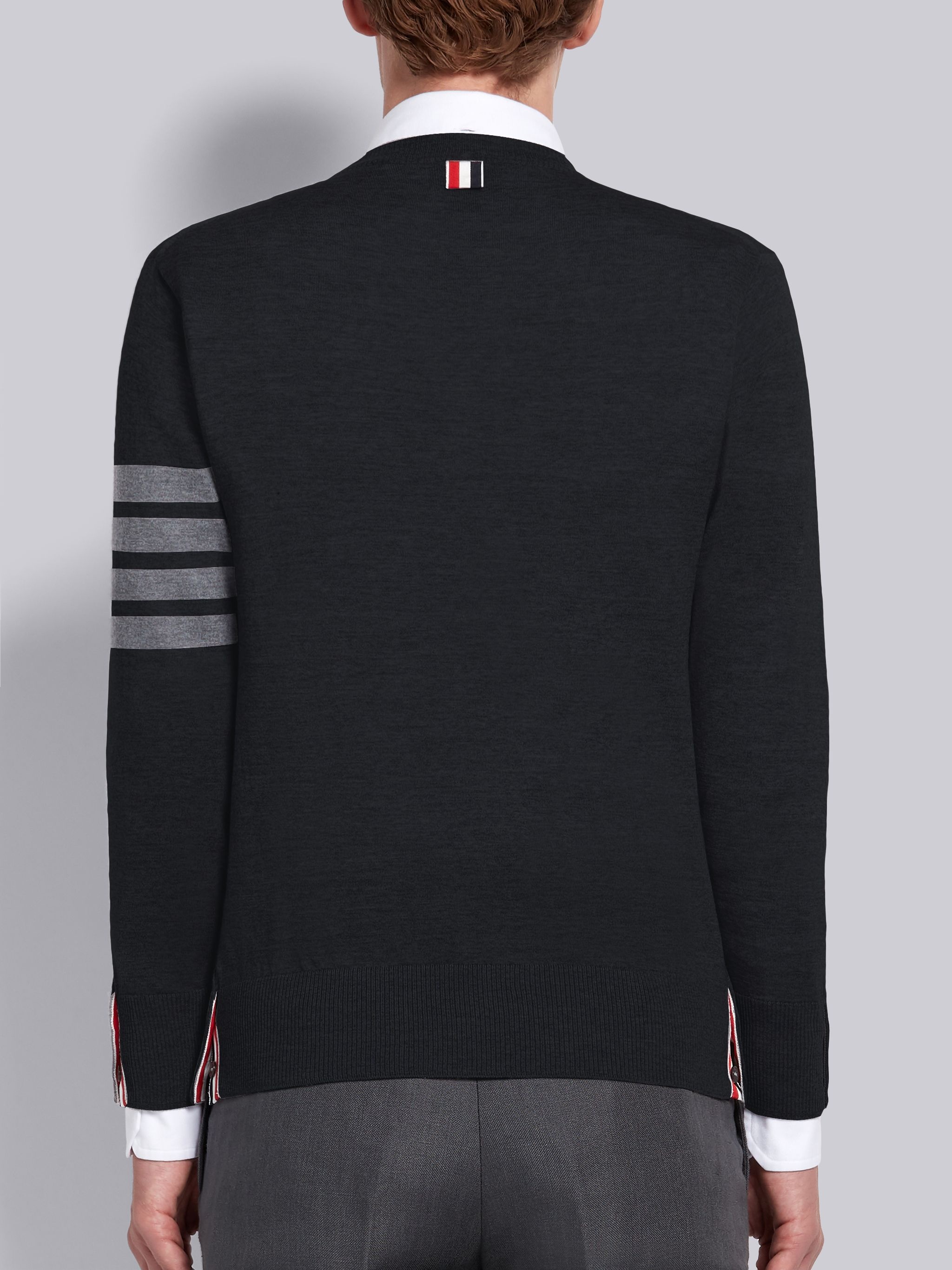 Black Fine Merino Wool 4-Bar Classic Crewneck Pullover - 3