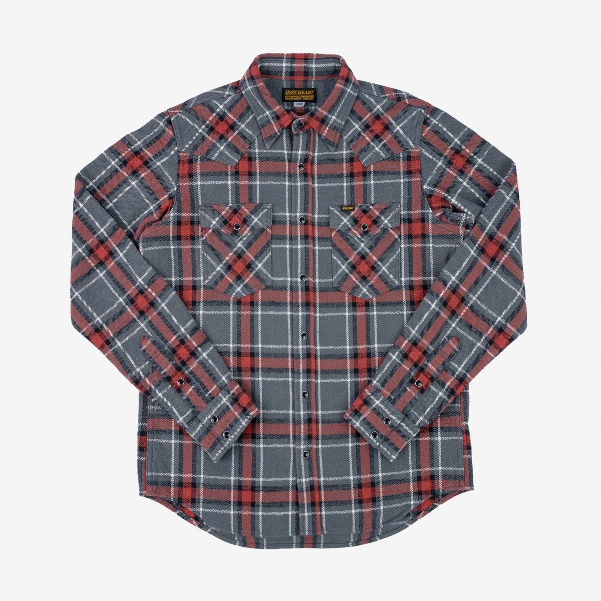 IHSH-369-GRY 12oz Slubby Heavy Flannel Herringbone Check Western Shirt - Grey - 1