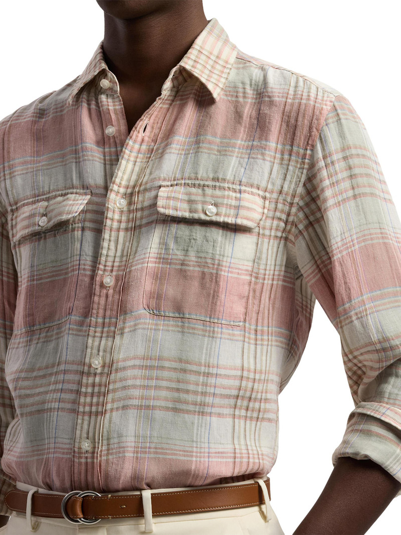 Men's Plaid Linen Long-Sleeve Sport Shirt - Raspberry 6