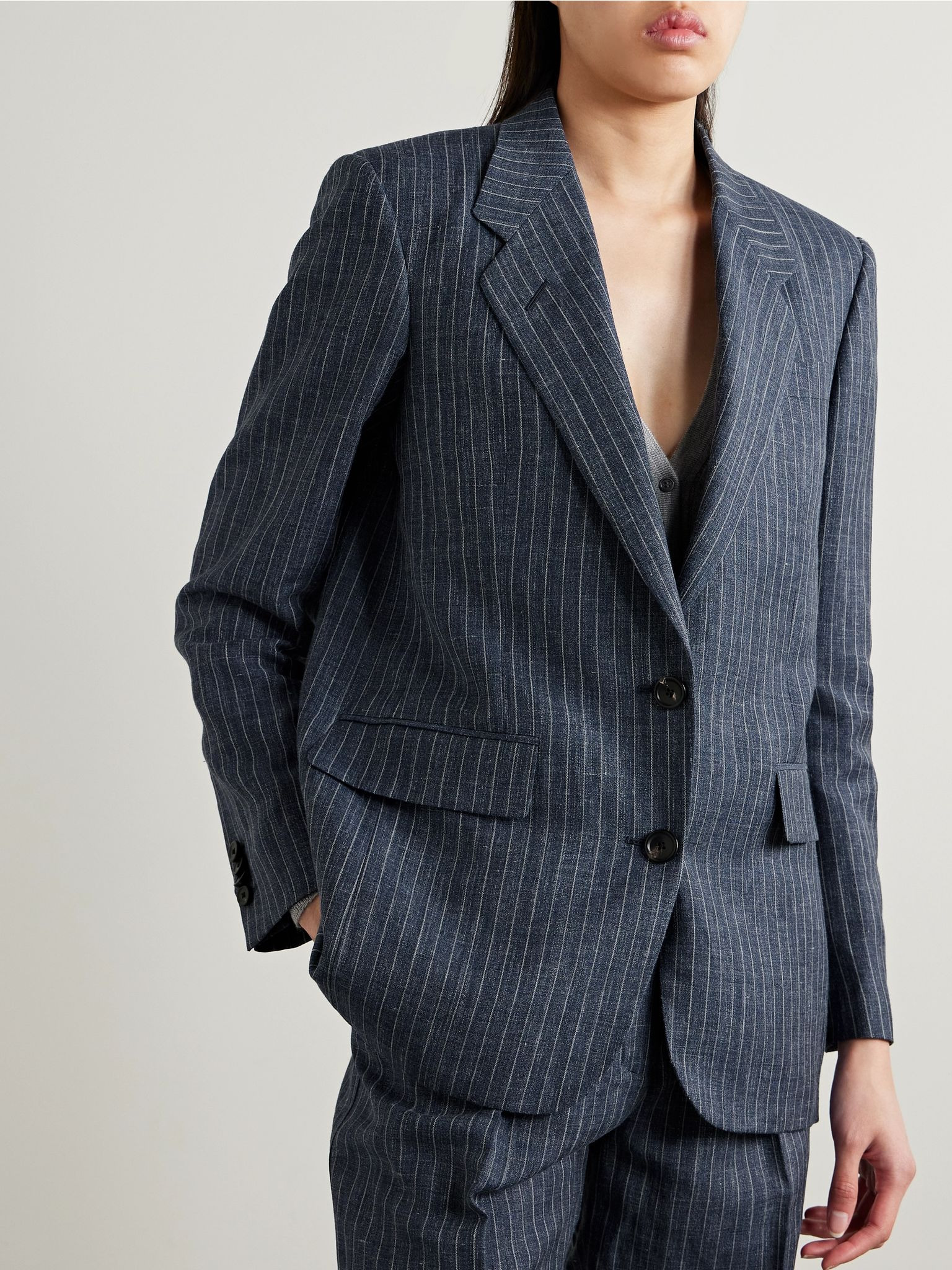 Pinstriped linen, wool and silk-blend blazer Navy - 3