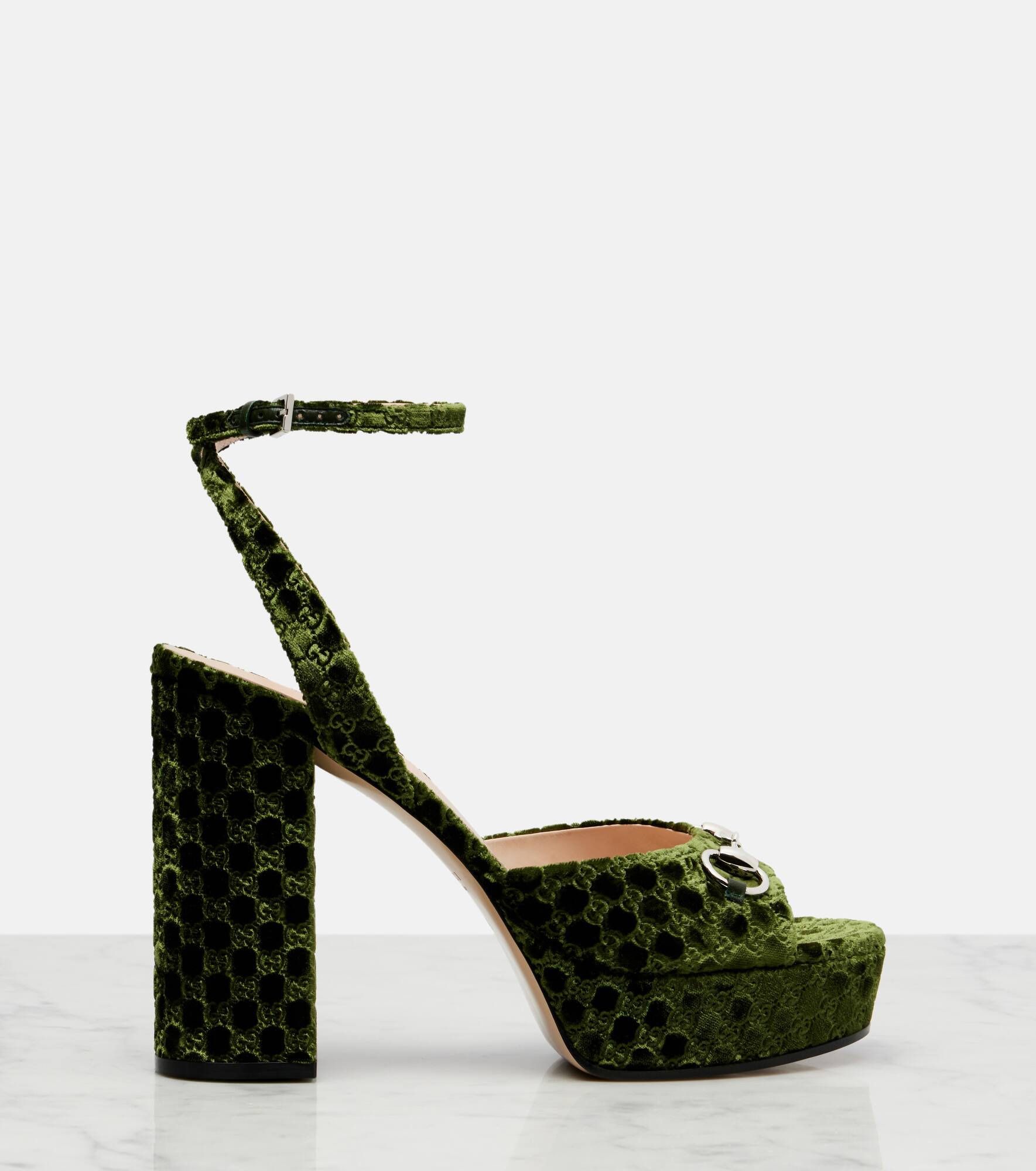 Horsebit GG velvet platform sandals - 4
