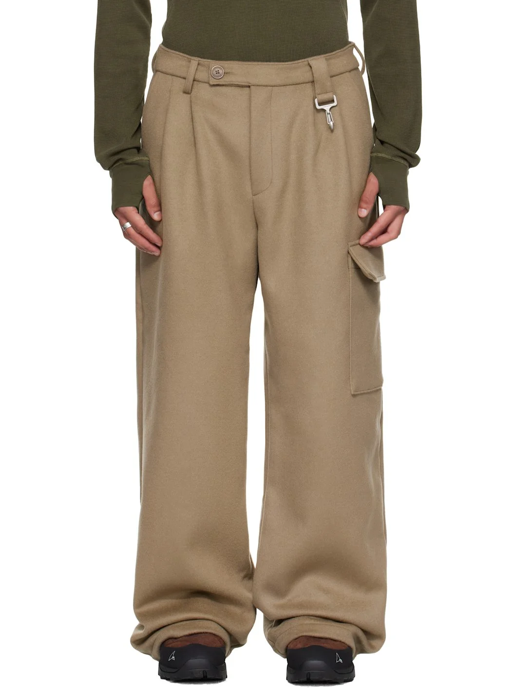 Gray Merino Wool Pleated Cargo Pants - 1