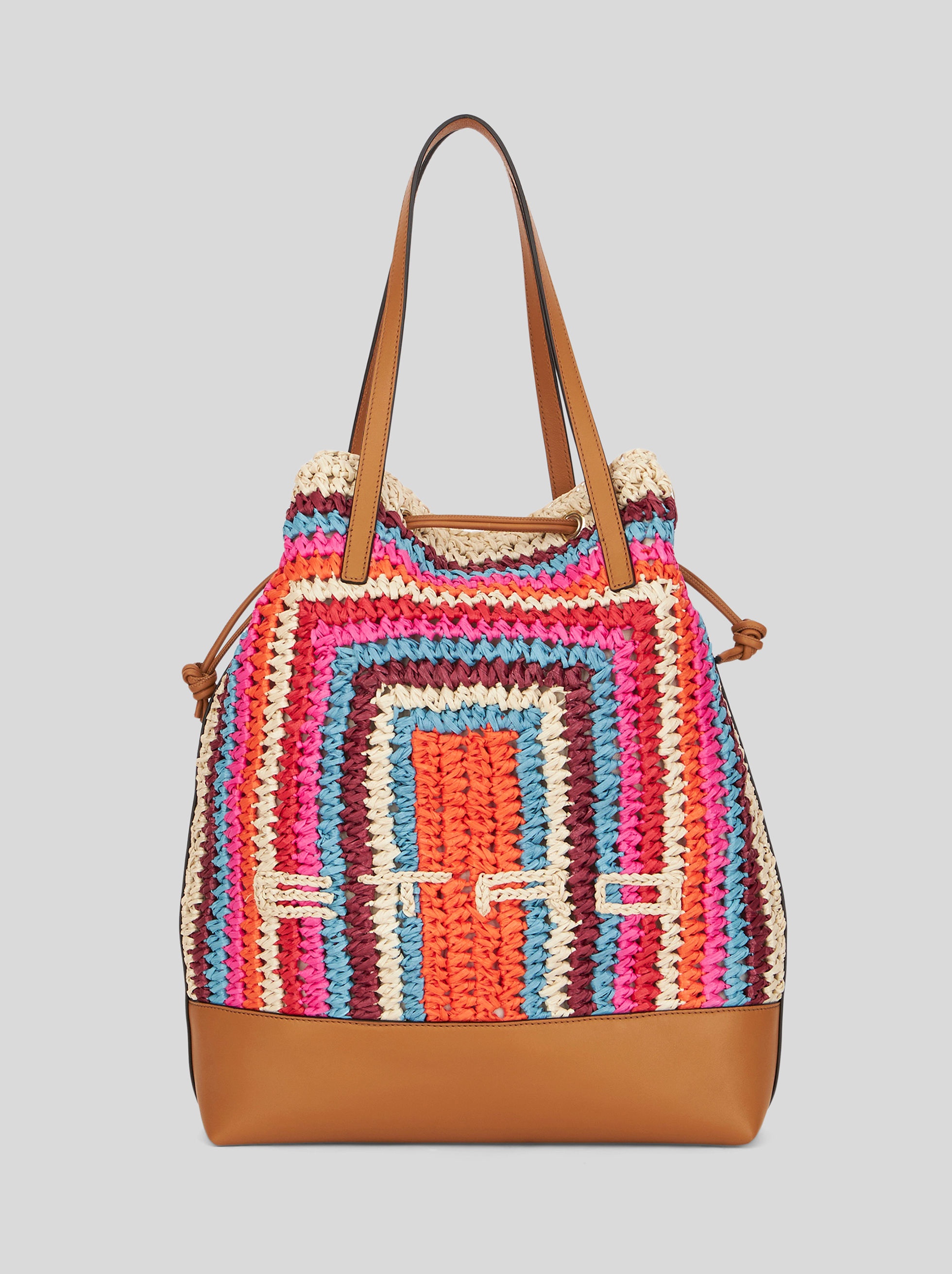 LARGE MULTI-COLOURED STRIPED RAFFIA BUCKET BAG - 1