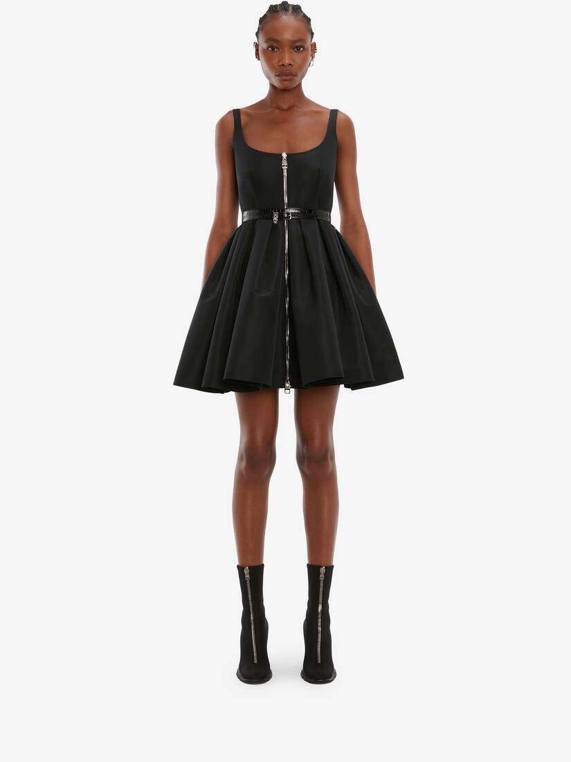 Zip Detail Polyfaille Mini Dress in Black - 2