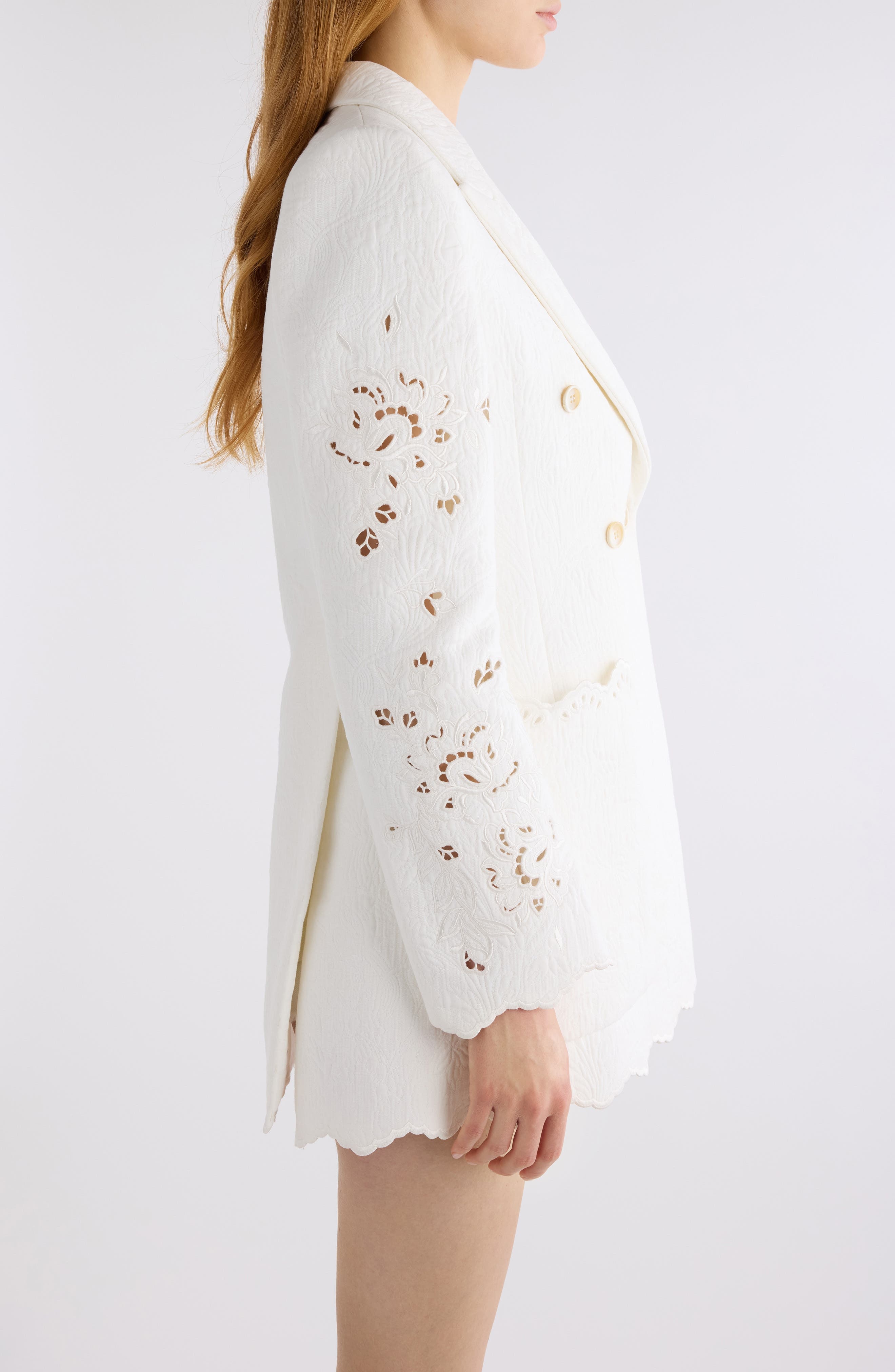 Chloé Eyelet Floral Jacquard Double Breasted Cotton Blend Jacket in Iconic Milk at Nordstrom - 4