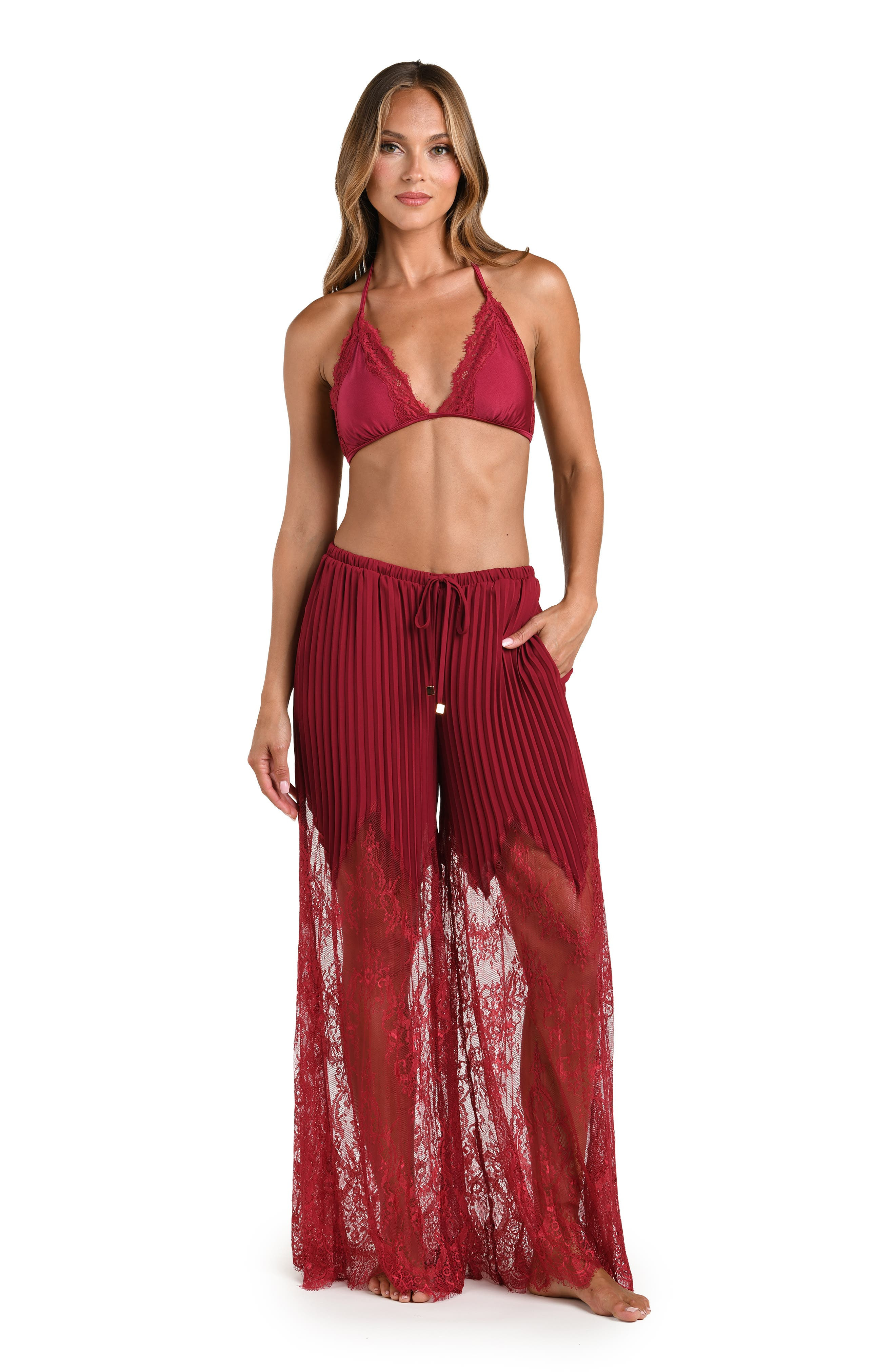 L'AGENCE Sharon Lace Trim Cover-Up Wide Leg Pants in Black Cherry at Nordstrom - 3