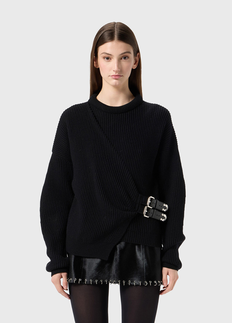Blumarine RIBBED WOOL SWEATER WITH STRAPS AND BUCKLES outlook