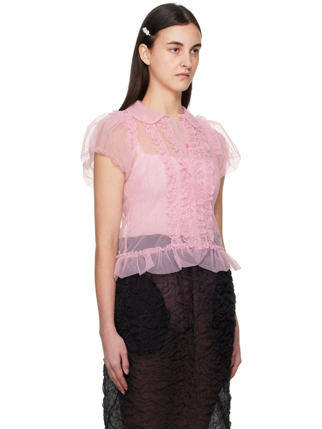 Pink Sheer Puff Sleeve Multi Ruffle Frill Shirt - 2