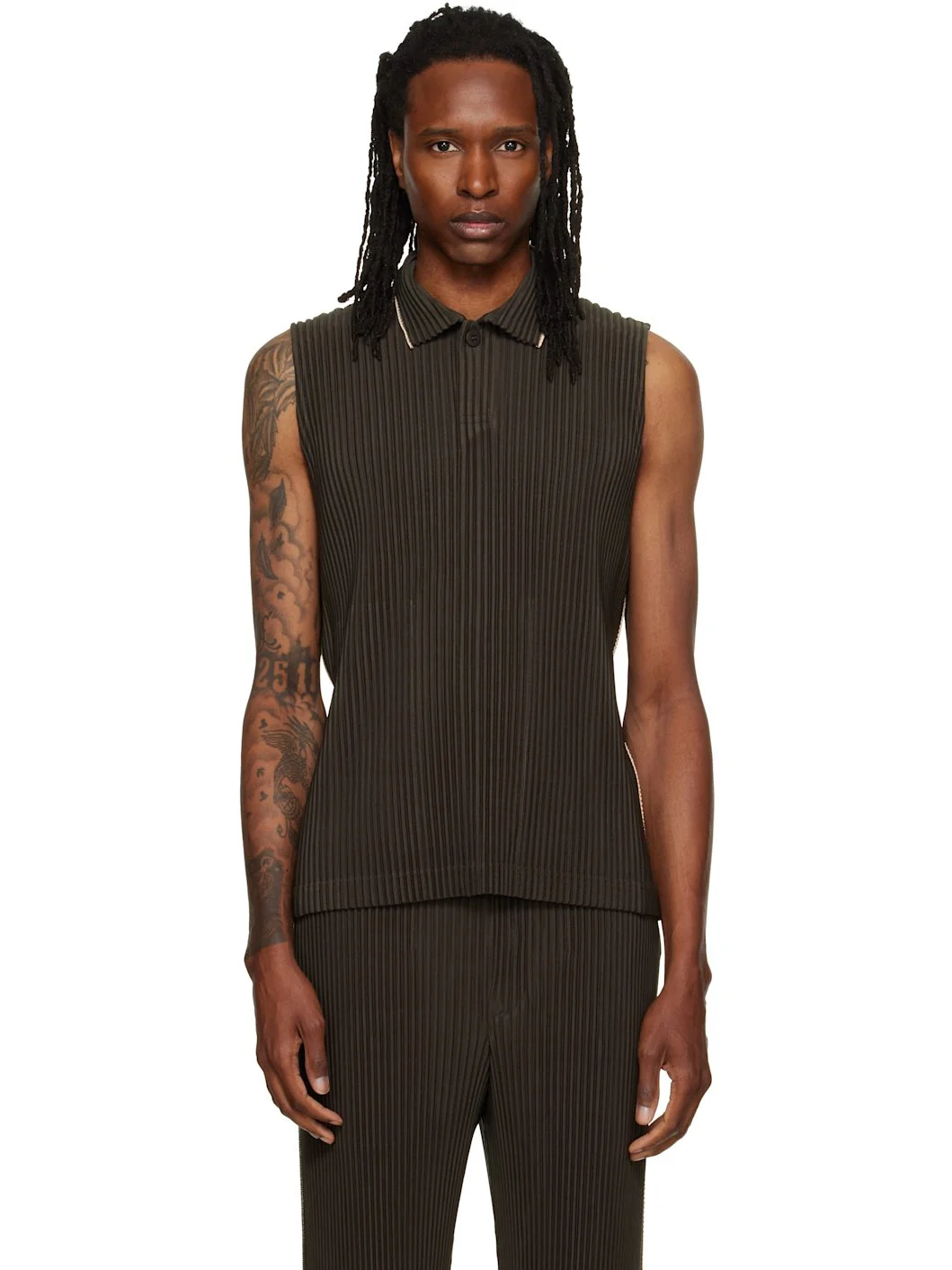 Brown Embroidery Stripes Vest - 1