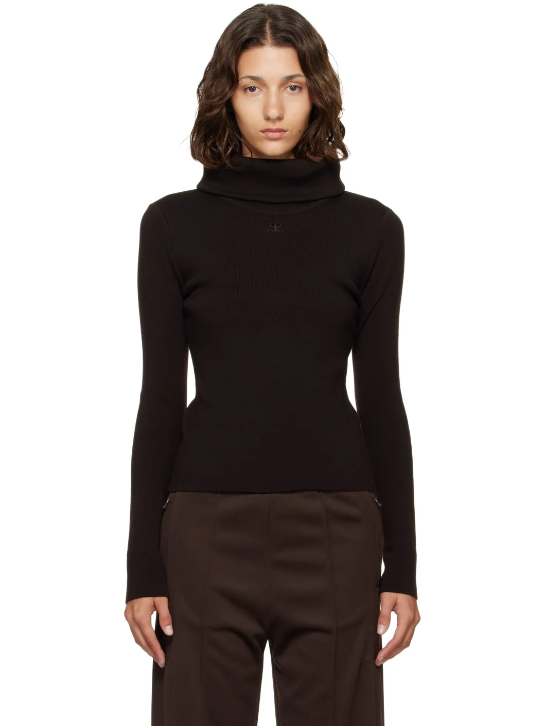 Brown High Collar Merino Wool Sweater - 1