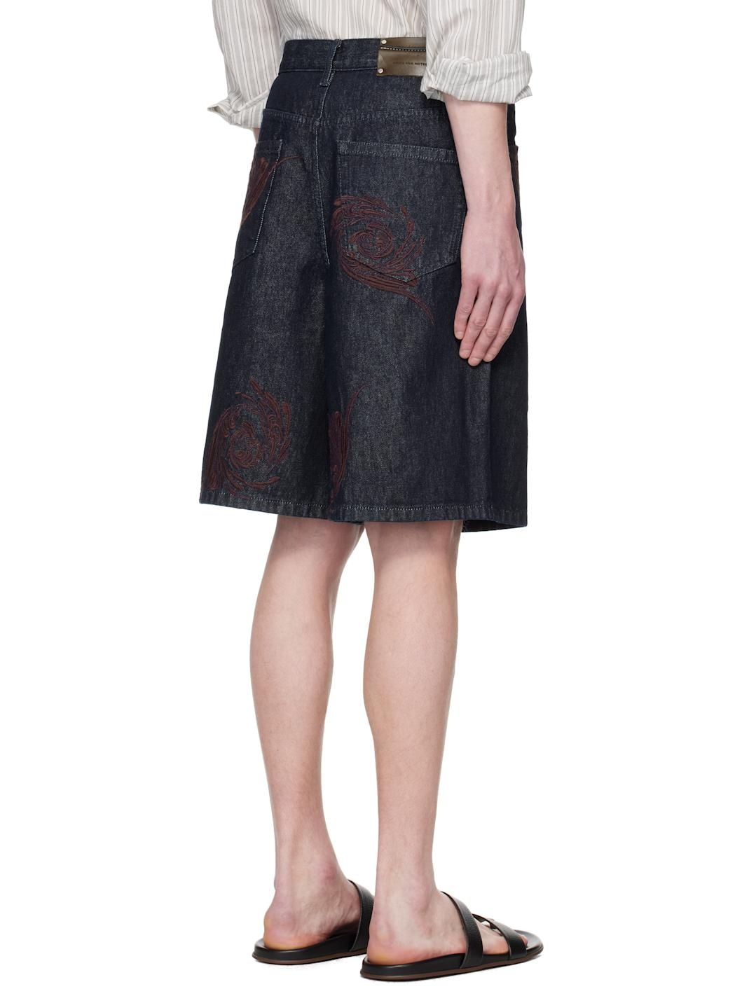 Navy Embroidered Pattern Denim Shorts - 3