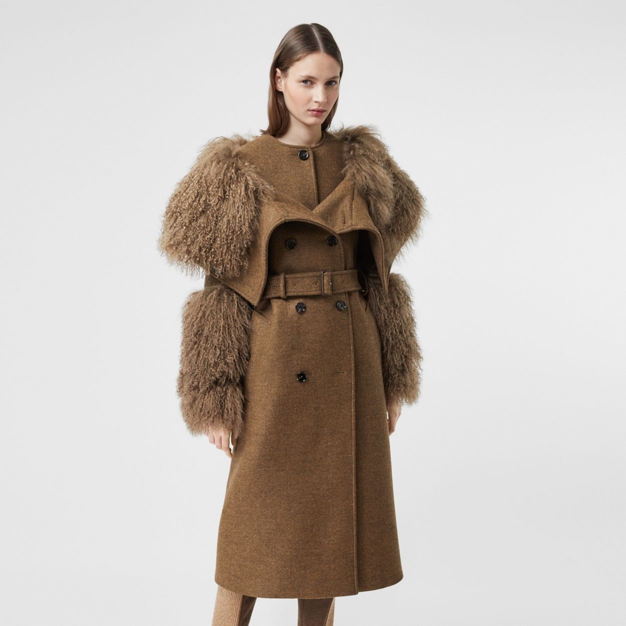 Shearling Trim Wool Cashmere Trench Coat - 6