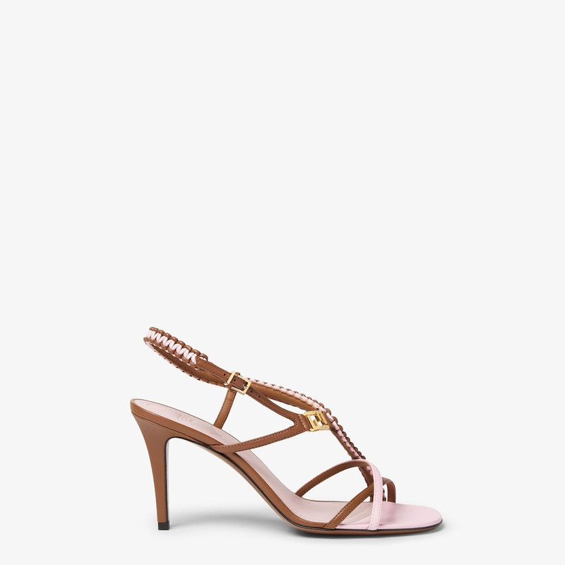 Fendi FFold Brown and pink nappa leather high-heeled sandals 1